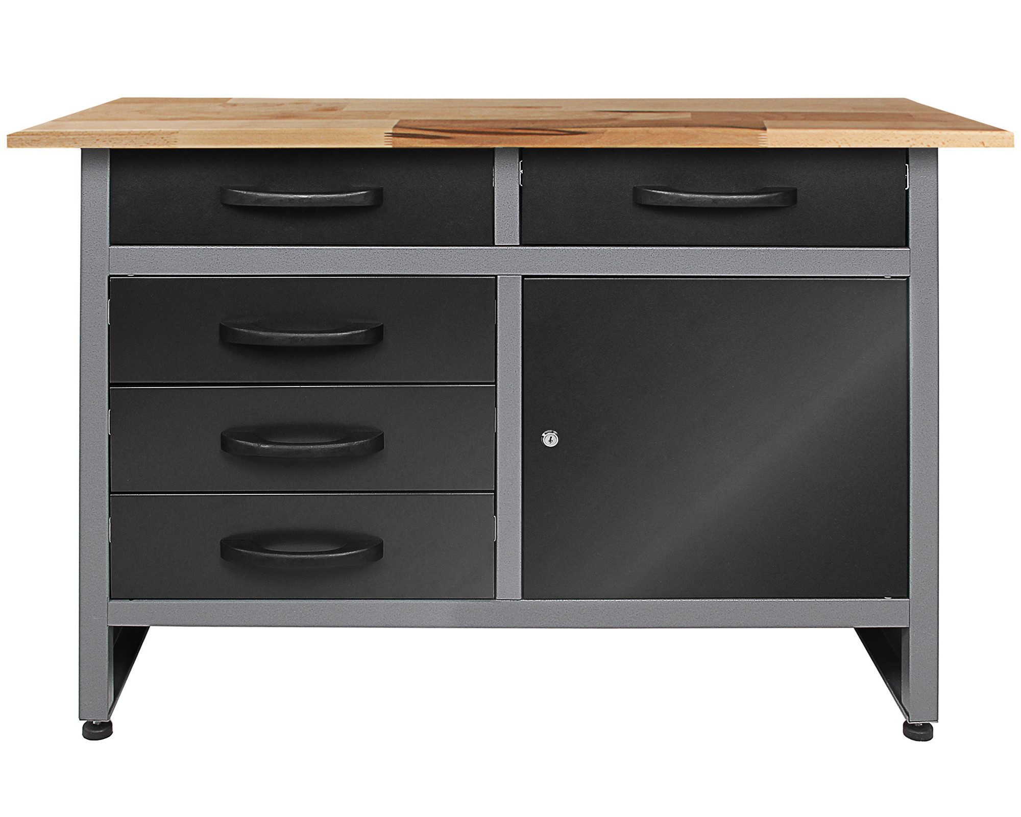 ONDIS24 Werkbank Werkbank Metall 120cm Buchenplatte 5 Schubladen 1 Tür, 120 x 60 x 85 H cm