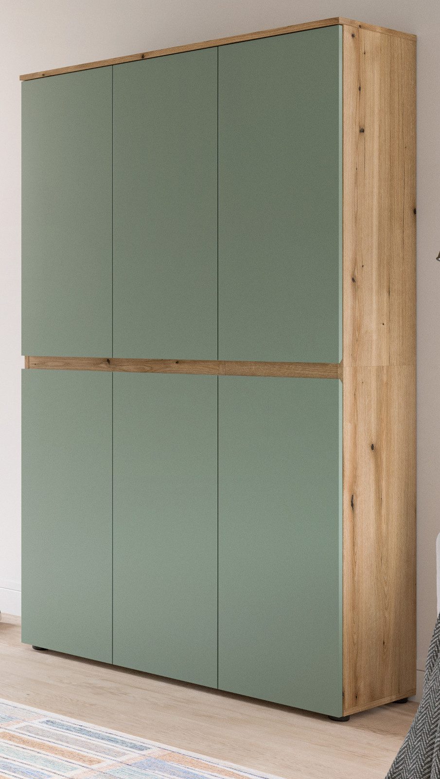 Inn.Furn Mehrzweckschrank Assino (Garderoben- und Schuhschrank in Eiche und Rauchgrün, 6-türig, 105 x 175 cm) variabel einrichtbar mit Kleiderstange und bis zu 18 Fächern