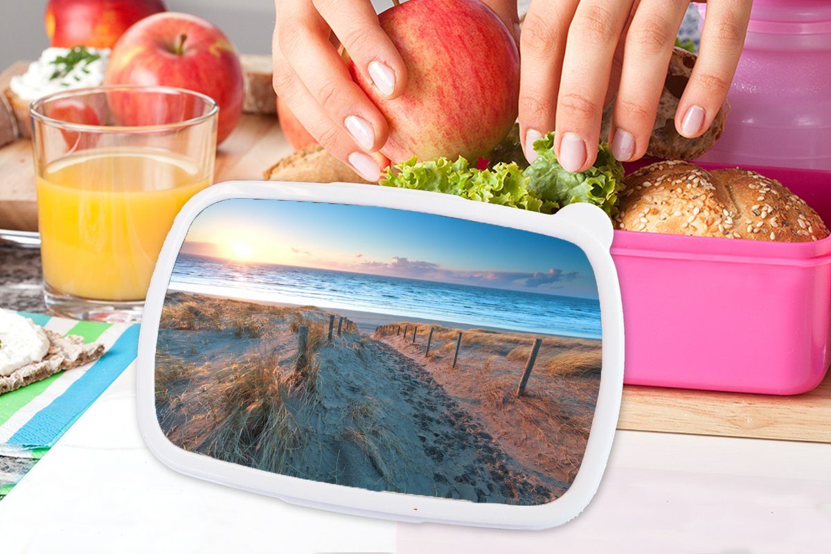 MuchoWow Lunchbox Düne, für Erwachsene, Brotdose Sonne Strand Meer - (2-tlg), Snackbox, Kinder, Mädchen, Kunststoff, rosa - - Brotbox Kunststoff