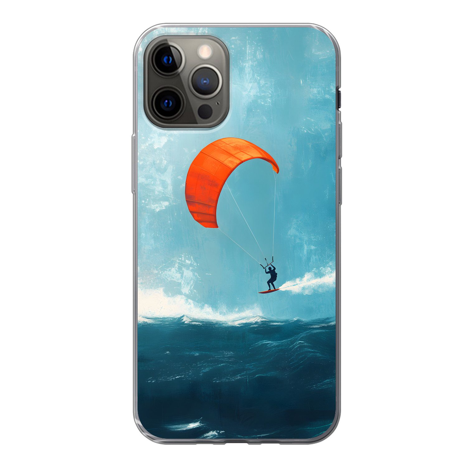 MuchoWow Handyhülle für Apple iPhone 12 Pro Kitesurfer - Orange - Meer - Himmel, Smartphone-Bumper, Print, Handy Schutzhülle Dünn