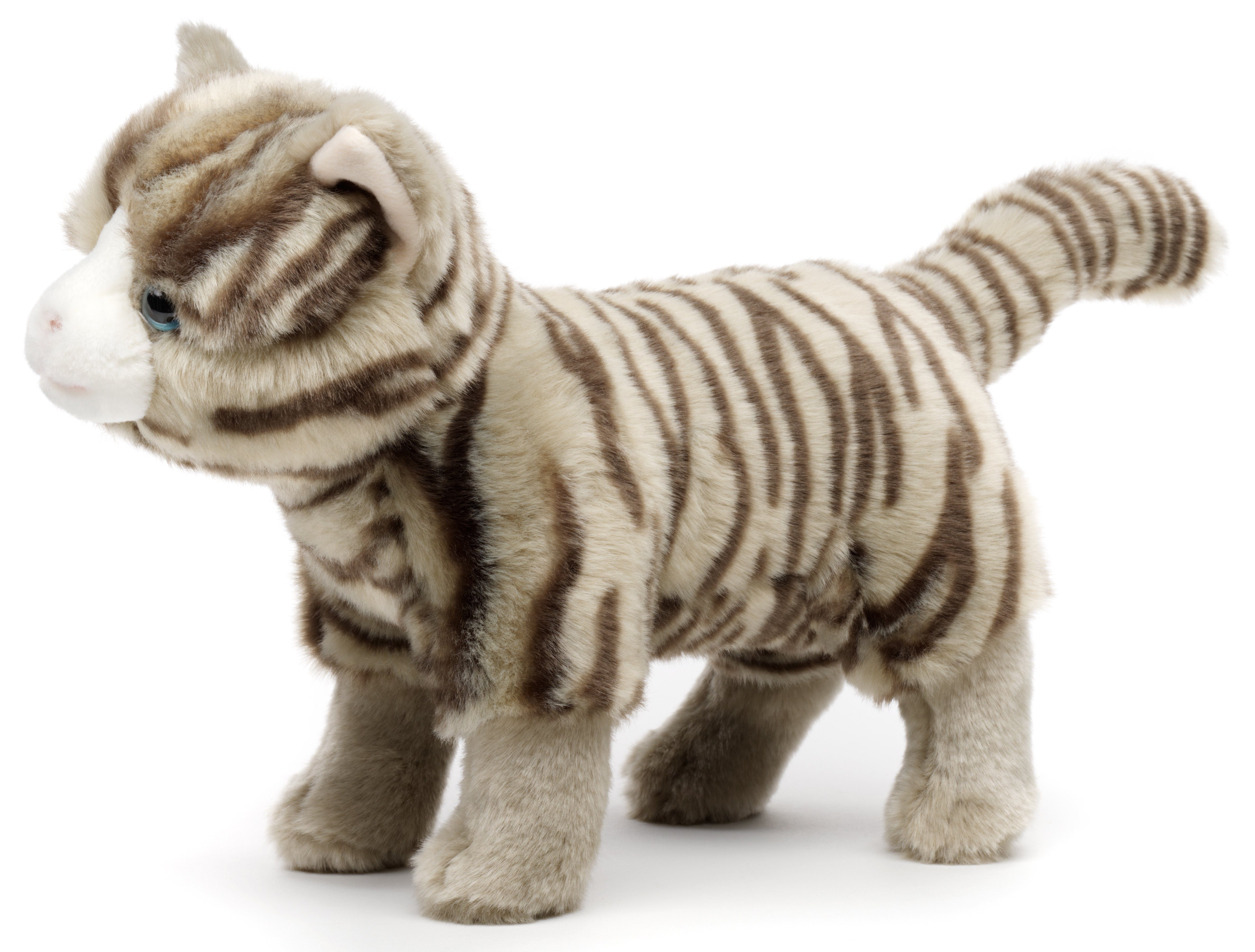 Uni-Toys Kuscheltier Katze mit Stimme (grau-getigert), stehend - 35 cm (Länge) - Plüschtier, zu 100 % recyceltes Füllmaterial