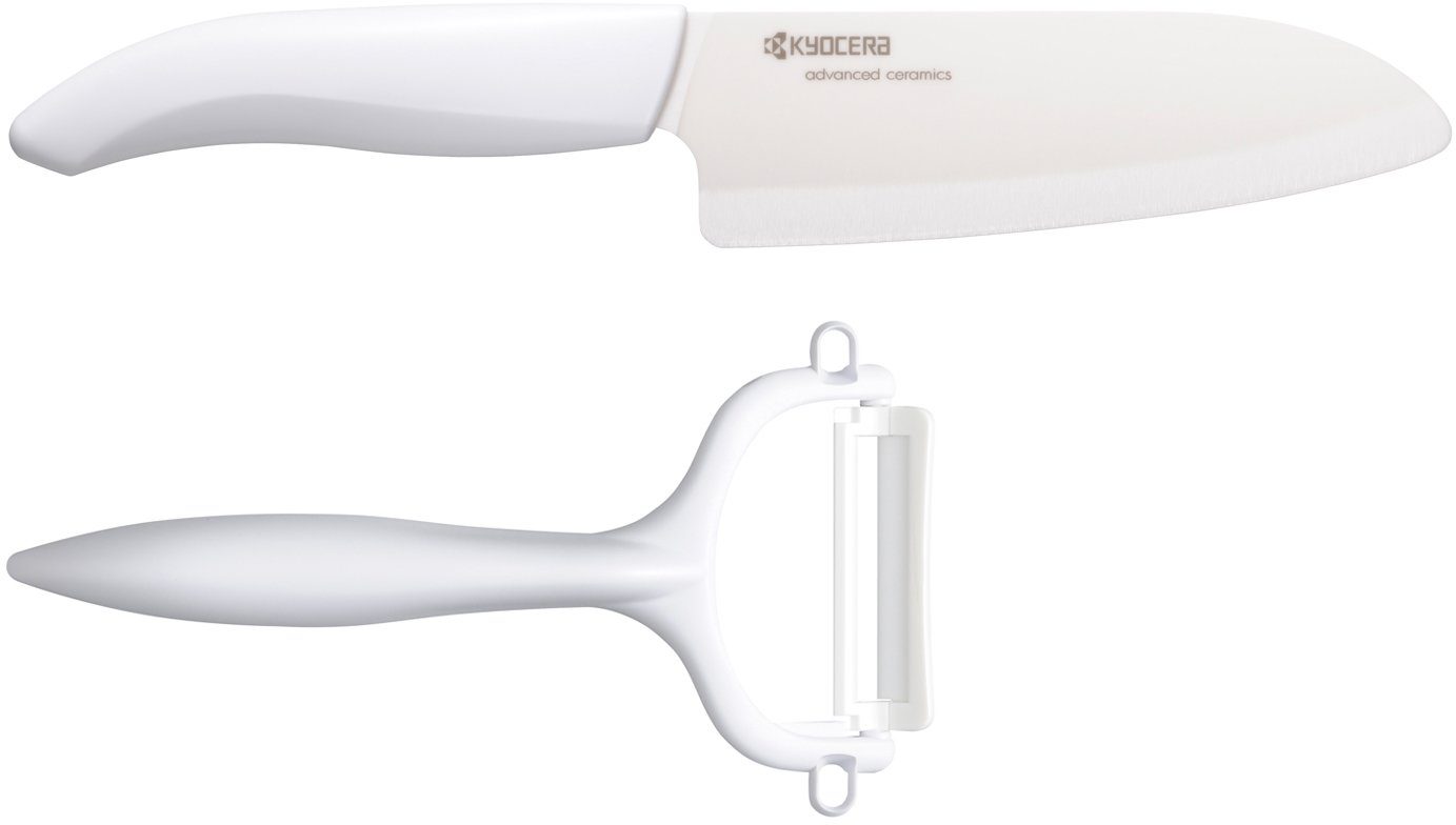 KYOCERA Messer-Set (Set, 2-tlg., 1 x Santokumesser, 1 x Sparschäler), extrem scharfe Hochleistungskeramik-Klinge
