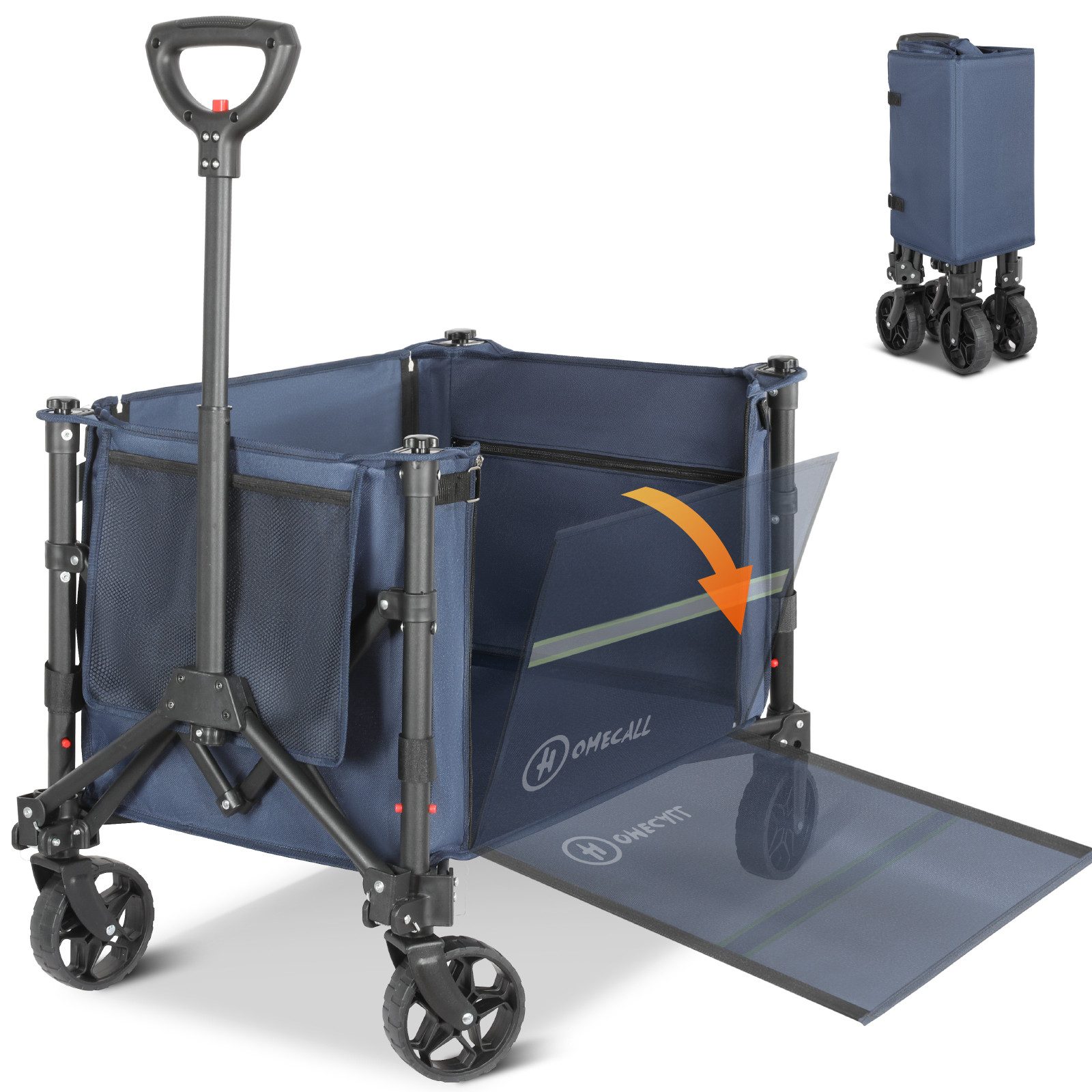 HOMECALL Bollerwagen Faltbar Handwagen Transportwagen klappbar Einkaufstrolley (Erweiterbare Kapazität mit zwei Aufbewahrungstaschen, bis 100KG, 120L, Campingwagen mit Reflektorstreifen), Strandwagen Für Einkaufen, Camping, Garten, Dogs