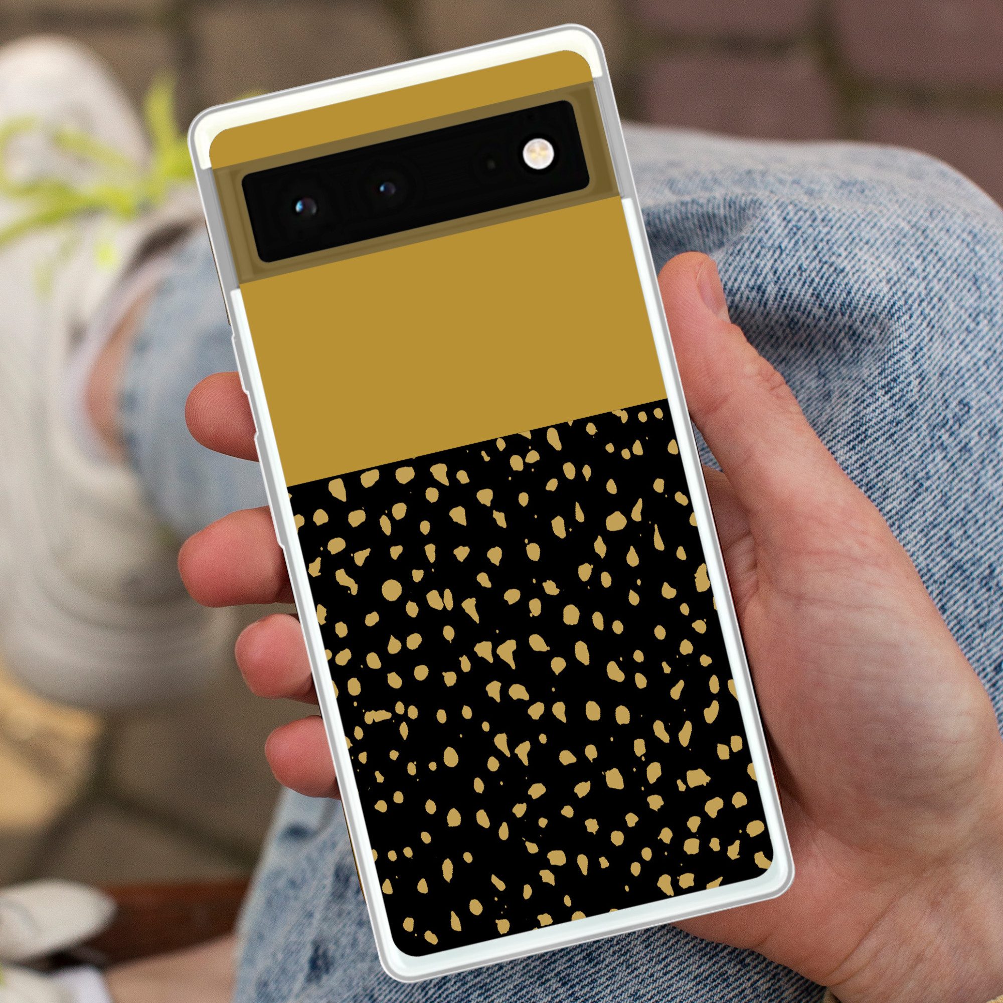 MuchoWow Handyhülle für Google Pixel 6 Polka dots - Ockergelb - Schwarz, Handy Case, Silikon, Bumper Case Dünn