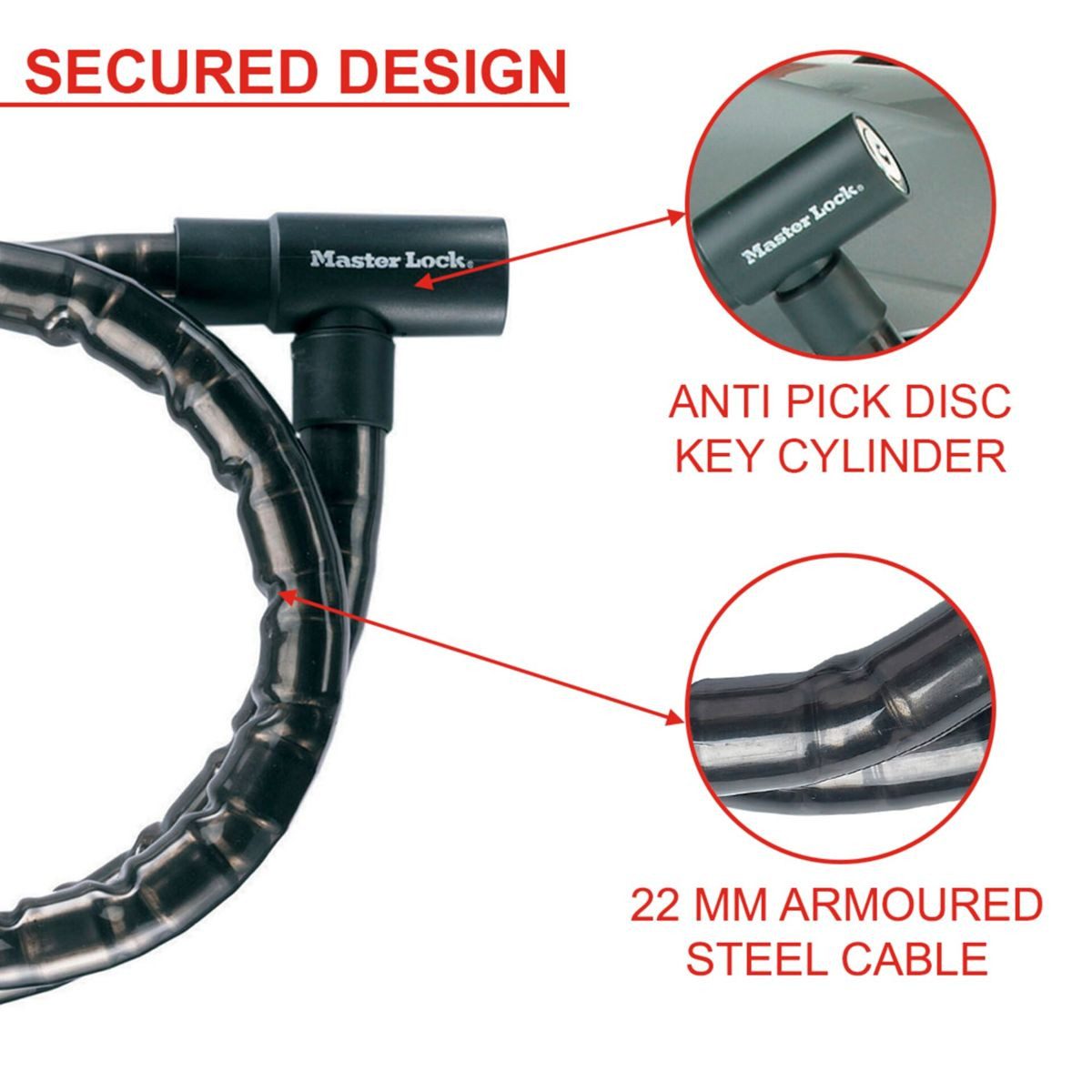 Master Lock gepanzerte Kabel 22mm mit Schlüssel 8115EURDPS Diebstahlalarm