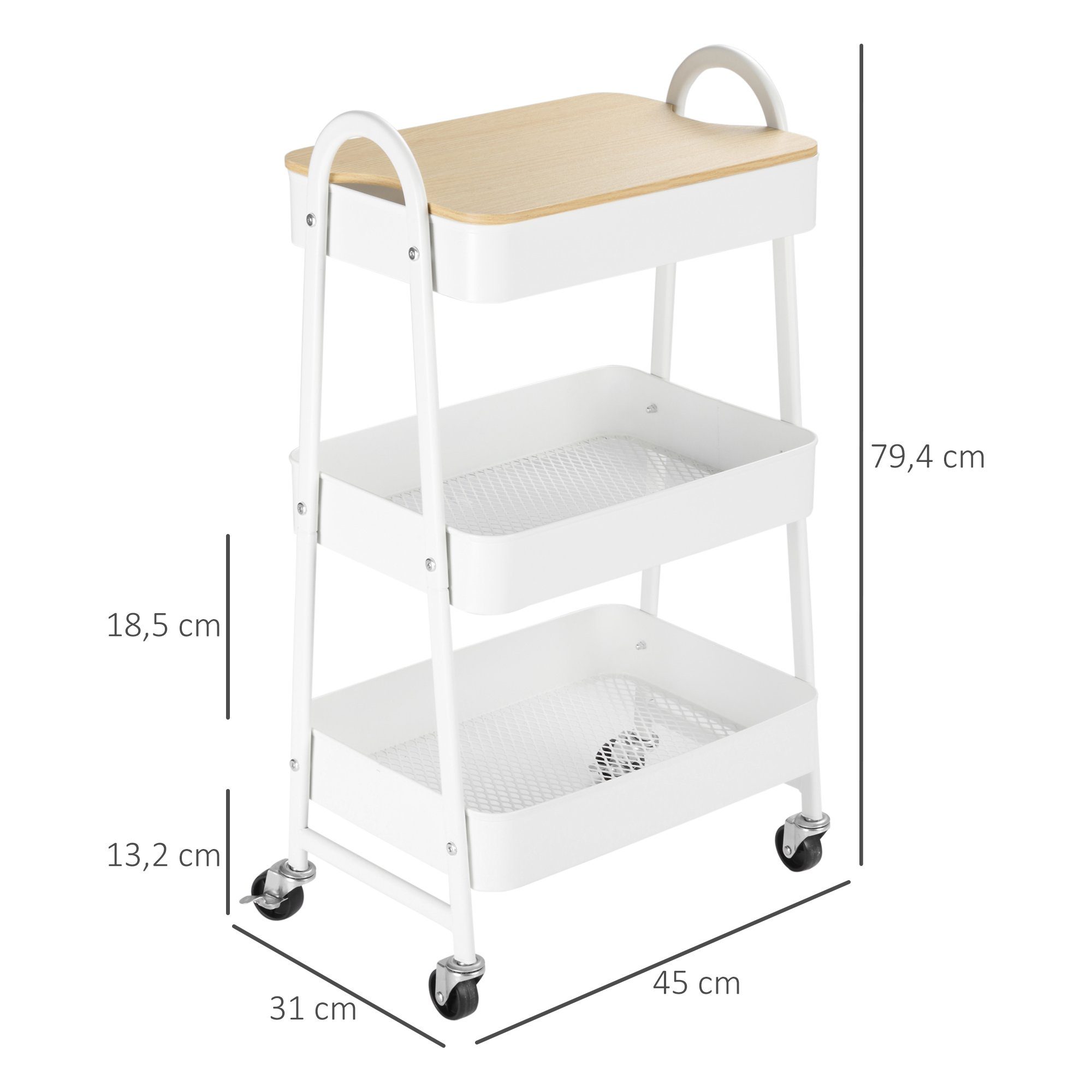 HOMCOM Servierwagen Küchenwagen mit Rollen Griff Küchenregal mit Korb und Deckel, (Servierwagen, 1 St., Küchenregal mit Rollen), 45cm x 31cm x 79,4cm
