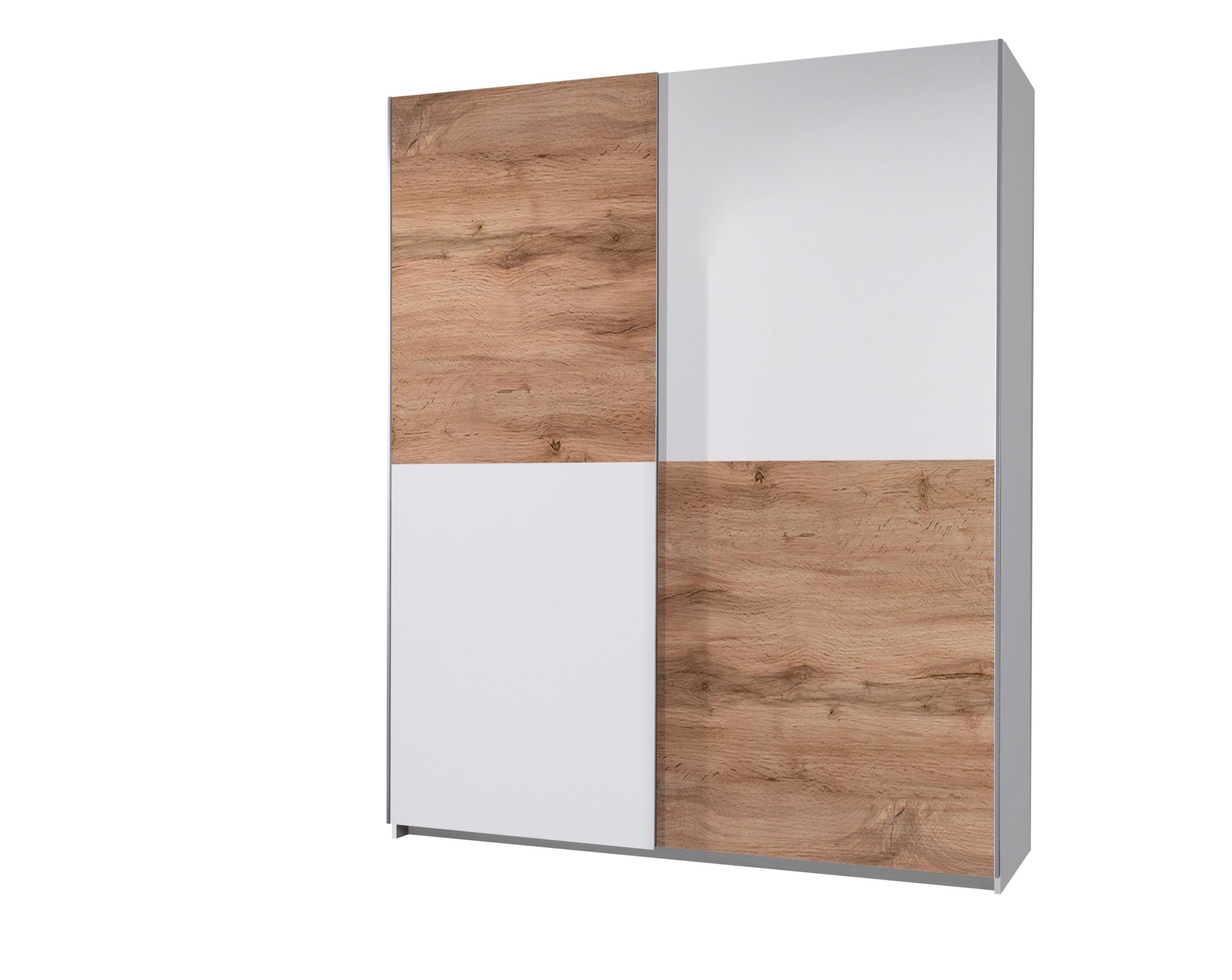 PREISBRECHER Schwebetürenschrank Time 2 Böden, 2 Stangen, Weiß / Wildeiche Dekor - 170x195x59 (BxHxT)