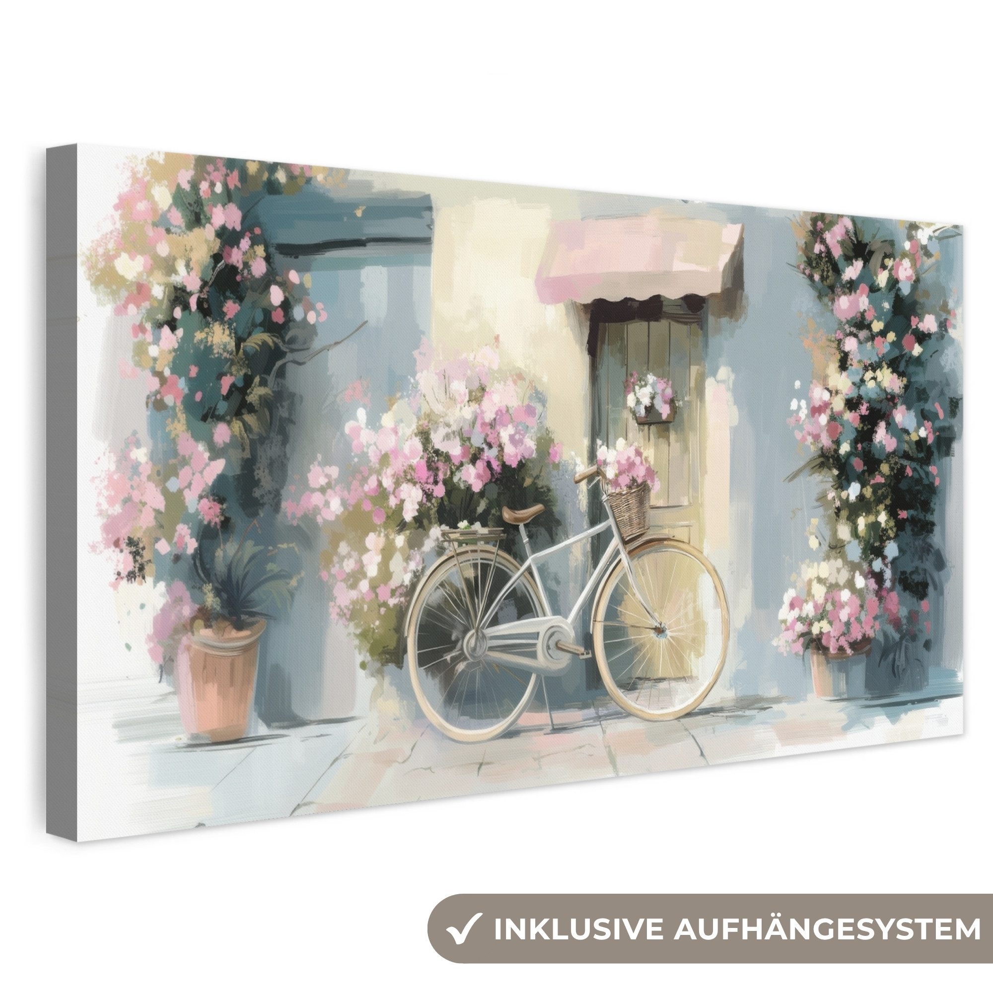OneMillionCanvasses® Leinwandbild Panorama Fahrrad - Pastellfarben - Blumen, Fotodruck (1 St), Wandbild, Deko Schlafzimmer Wohnzimmer Flur 40x20 cm