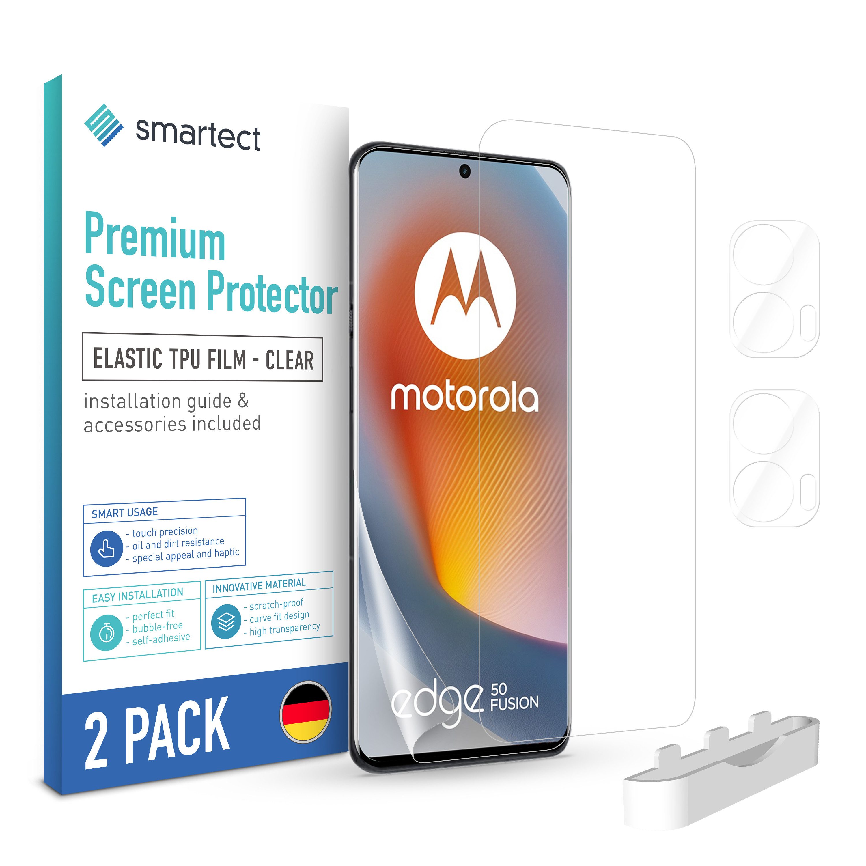 smartect Displayschutzfolie TPU Schutzfolie Klar für Motorola Edge 50 Fusion, 2 x Front + 2 x Cam für Motorola Edge 50 Fusion, 2 Stück, Anti-Fingerabdruck, Blasenfreie Installation