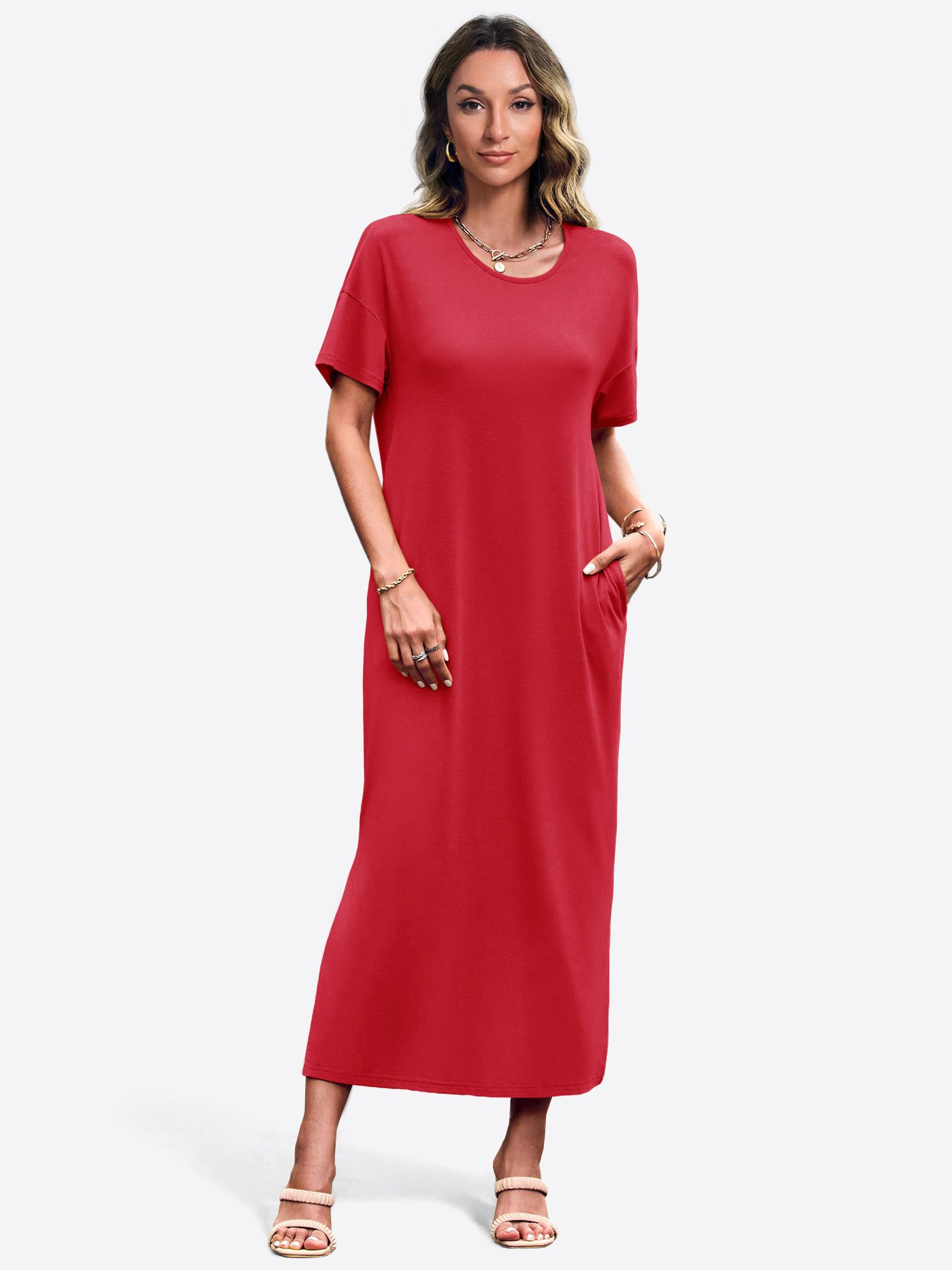 Imily Bela Maxikleid Damen Sommerliches T-Shirt Kleider (Packung, 1-tlg., 1per-Pack) Einfarbig