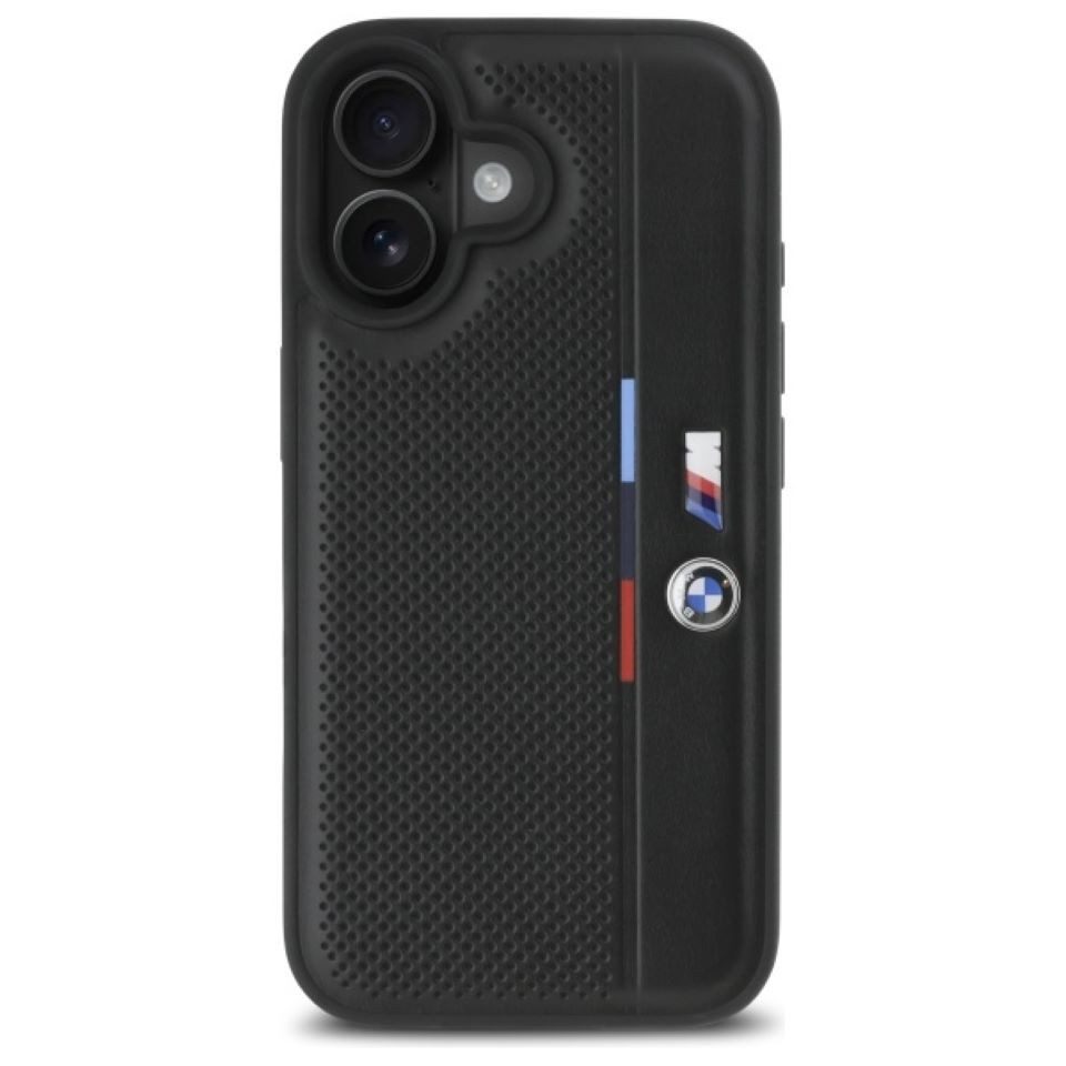 BMW Handyhülle iPhone 16 Tricolor Kunstleder gelocht schwarz 6,1 Zoll, Kantenschutz