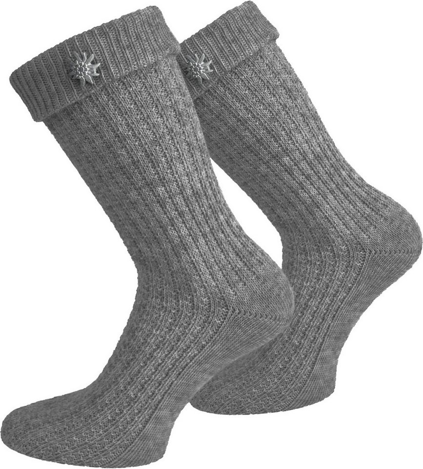 normani Trachtensocken Trachtensocken mit Edelweiß-Pin (1 Paar) Traditionelles Zopfmuster