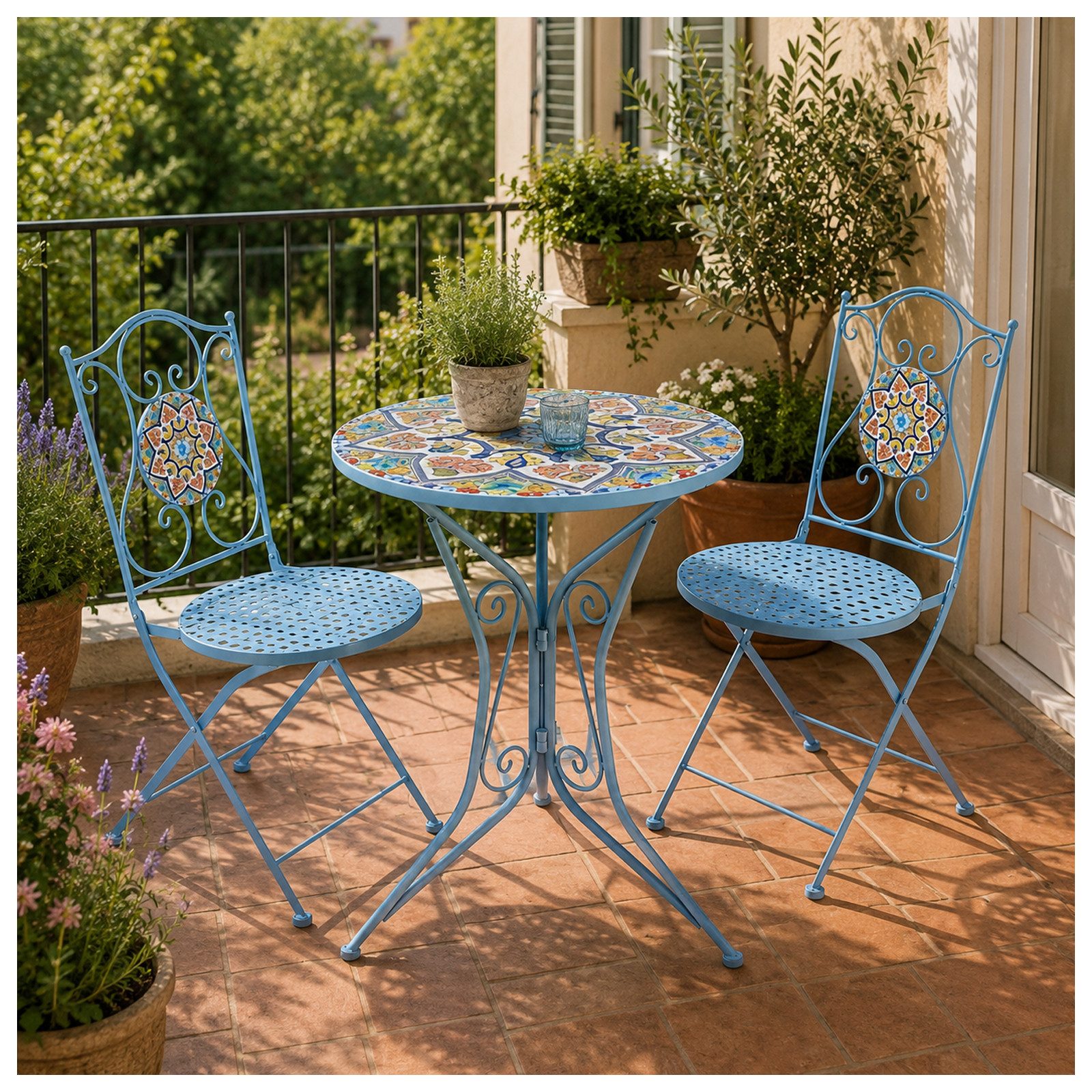 HTI-Living Garten-Essgruppe Sitzgruppe Metall Bistro Set mit Motiv Tunis für Balkon und Terrasse, (Set, 3-tlg., 1 Tisch 2 Stühle), Sitzgruppe Essgruppe Balkonset