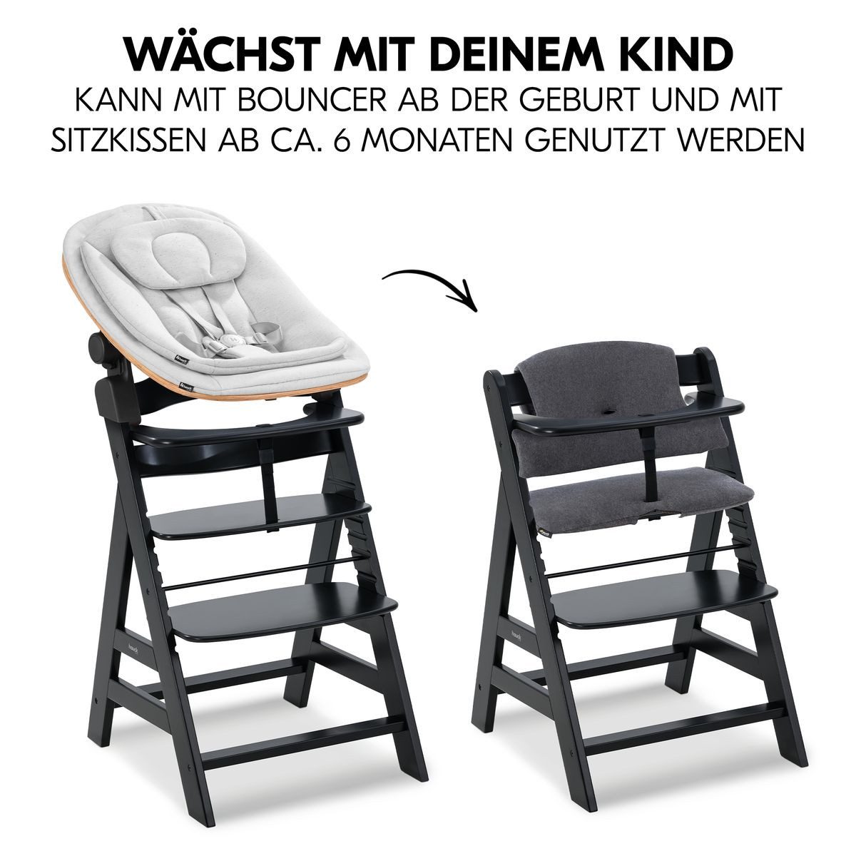 Hauck Hochstuhl Alpha Plus Black Newborn Set Eco - Light Grey (Set), Holz Babyhochstuhl ab Geburt inkl. Neugeborenenaufsatz & Sitzauflage