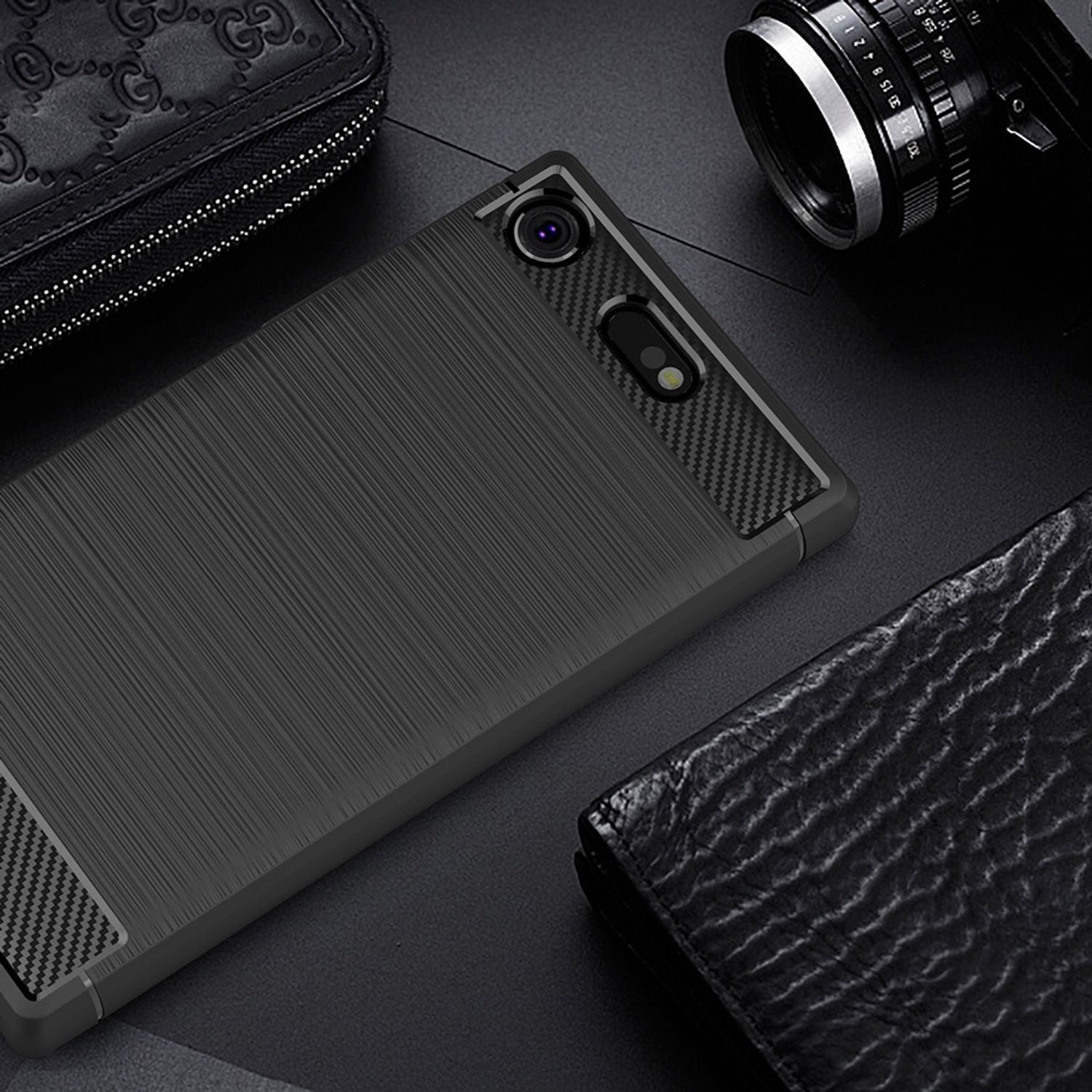 Nalia Smartphone-Hülle Sony Xperia XZ1 Compact 11,7 cm (4,6 Zoll), Carbon Look Silikon Hülle / Matt Schwarz / Rutschfest / Karbon Optik