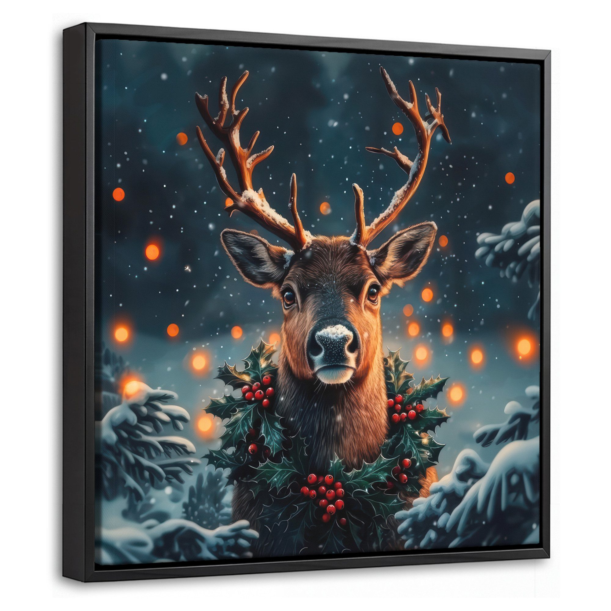 OneMillionCanvasses® Leinwandbild mit Rahmen - Hirsch - Weihnachten - Winter - Schnee - Weihnachtskranz, Fotodruck (1 St), Leinwand Bilder Klein, Wand Dekoration Aesthetic 20x20cm