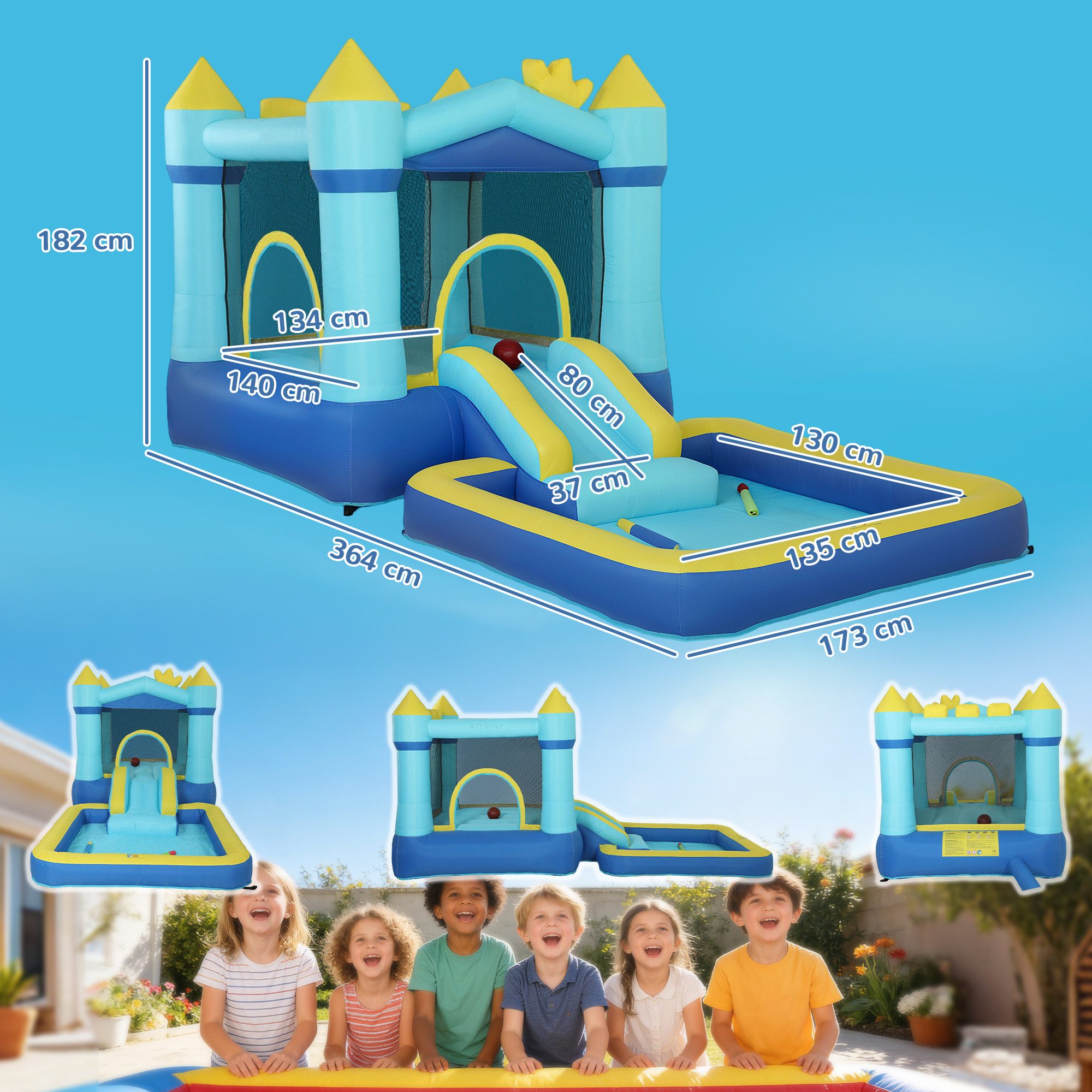 AIYAPLAY Hüpfburg Trampolin Planschbecken/Bällebad Basketballkorb Wasserpistole, (Bouncy Castle, 1-tlg., Aufblasbar Spielcenter), für 3-8 Jahre Kinder für Indoor & Outdoor 364x173x182 cm Blau