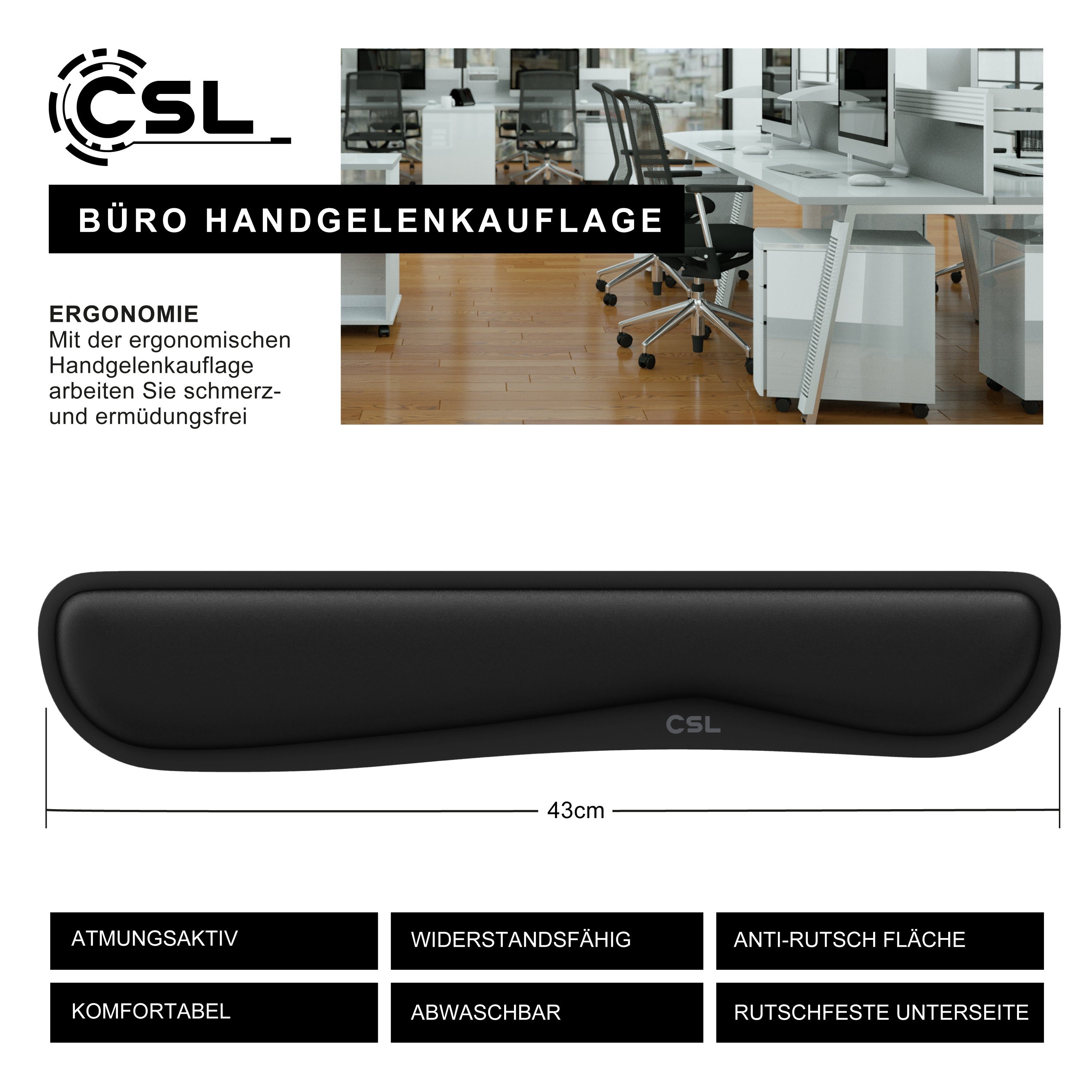 CSL Tastatur-Handballenauflage Keyboard Handgelenkschoner, ergonomische Haltung, 43 cm, abwaschbar, Handballenauflage Tastatur, für Computer Laptop Notebook, atmungsaktiv