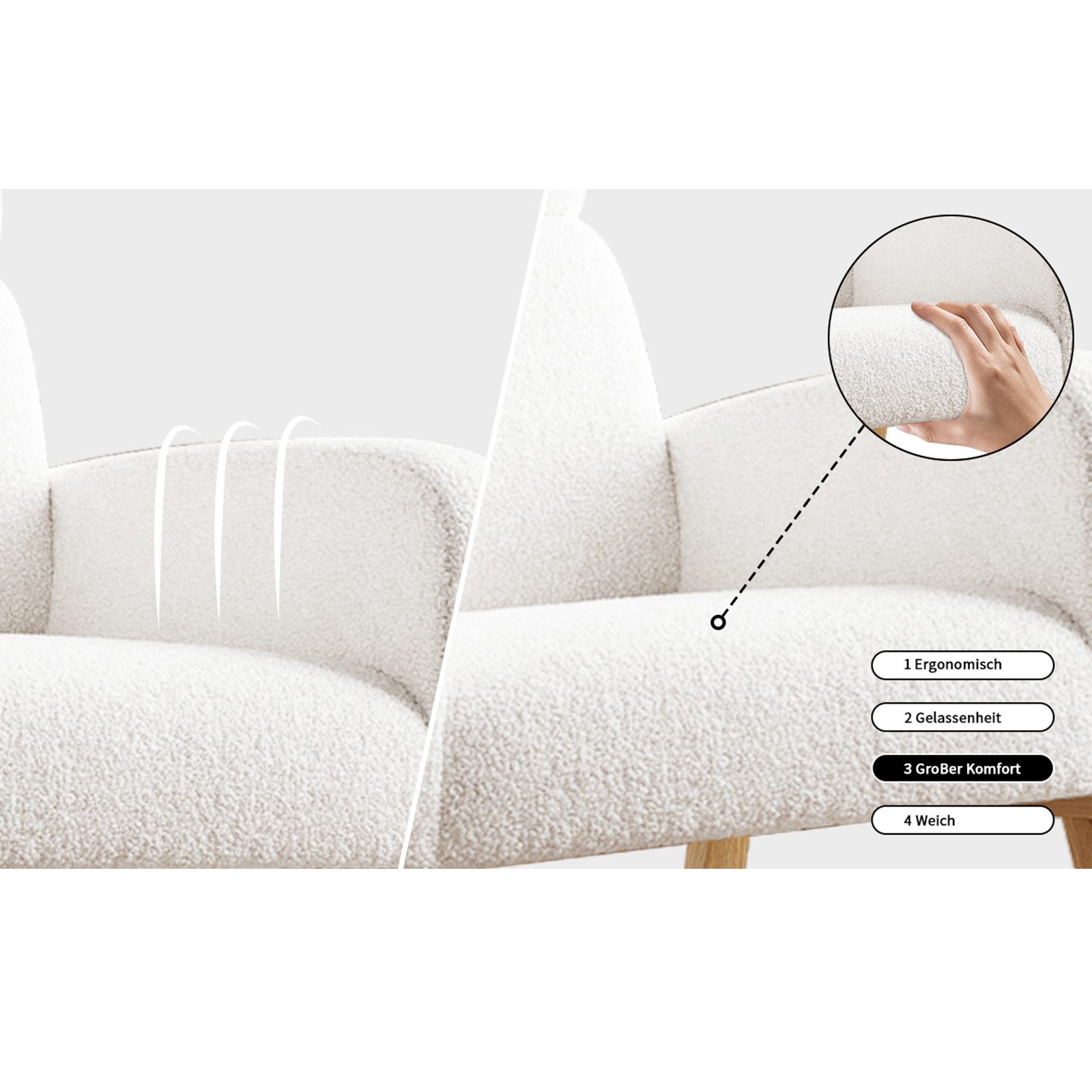 FUROKOY Schaukelsessel Schaukelstuhl mit Massivholzfüßen, für Schlafzimmer (Set, 1-St), 2 Seitentaschen,Teddystoff,Weiß