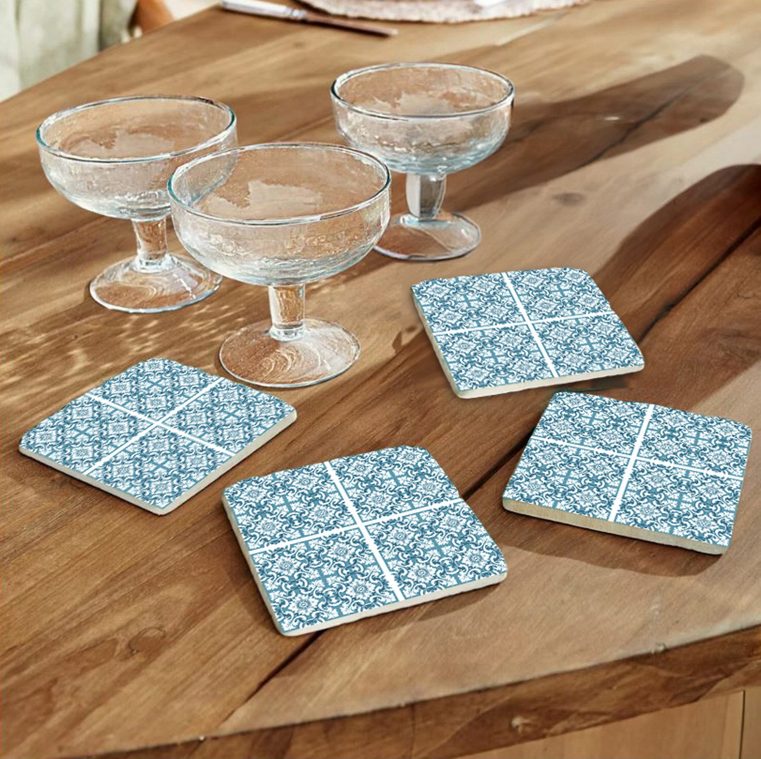 queence Getränkeuntersetzer Blau Weiß Mosaik Fliesen Steine, Set, 4-tlg., Mosaik Set Topfuntersetzer Naturstein Untersetzer 10x10x1cm