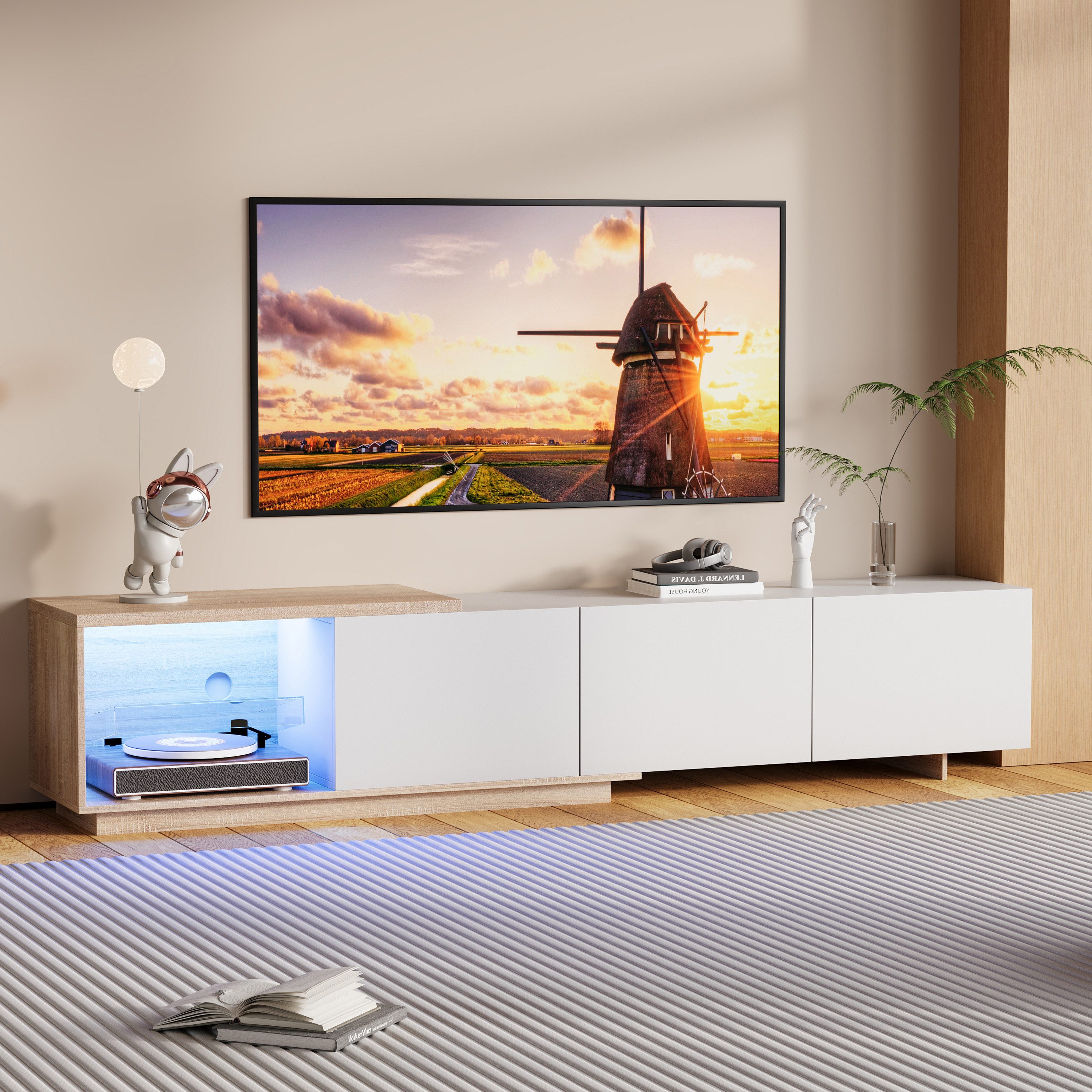 PXloue TV-Schrank Ausziehbarer TV-Schrank mit 3 Schubladen (Pop-up-Vorrichtungen) LED-Beleuchtung, Длина 162-240 cm