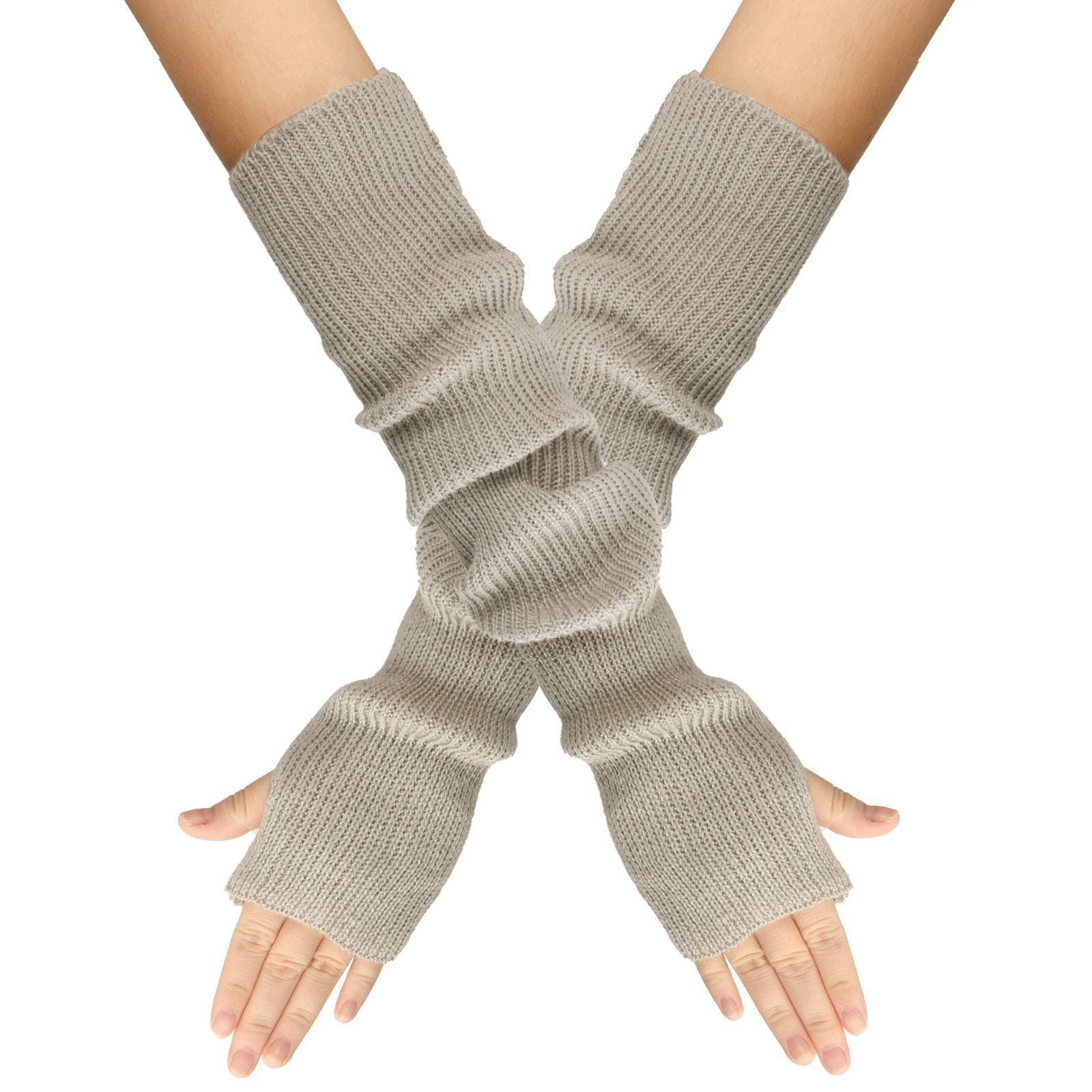 AUKUU Strickhandschuhe 2 gray+beige Strickhandschuhe Fingerlose Lange Strickhandschuhe Paar