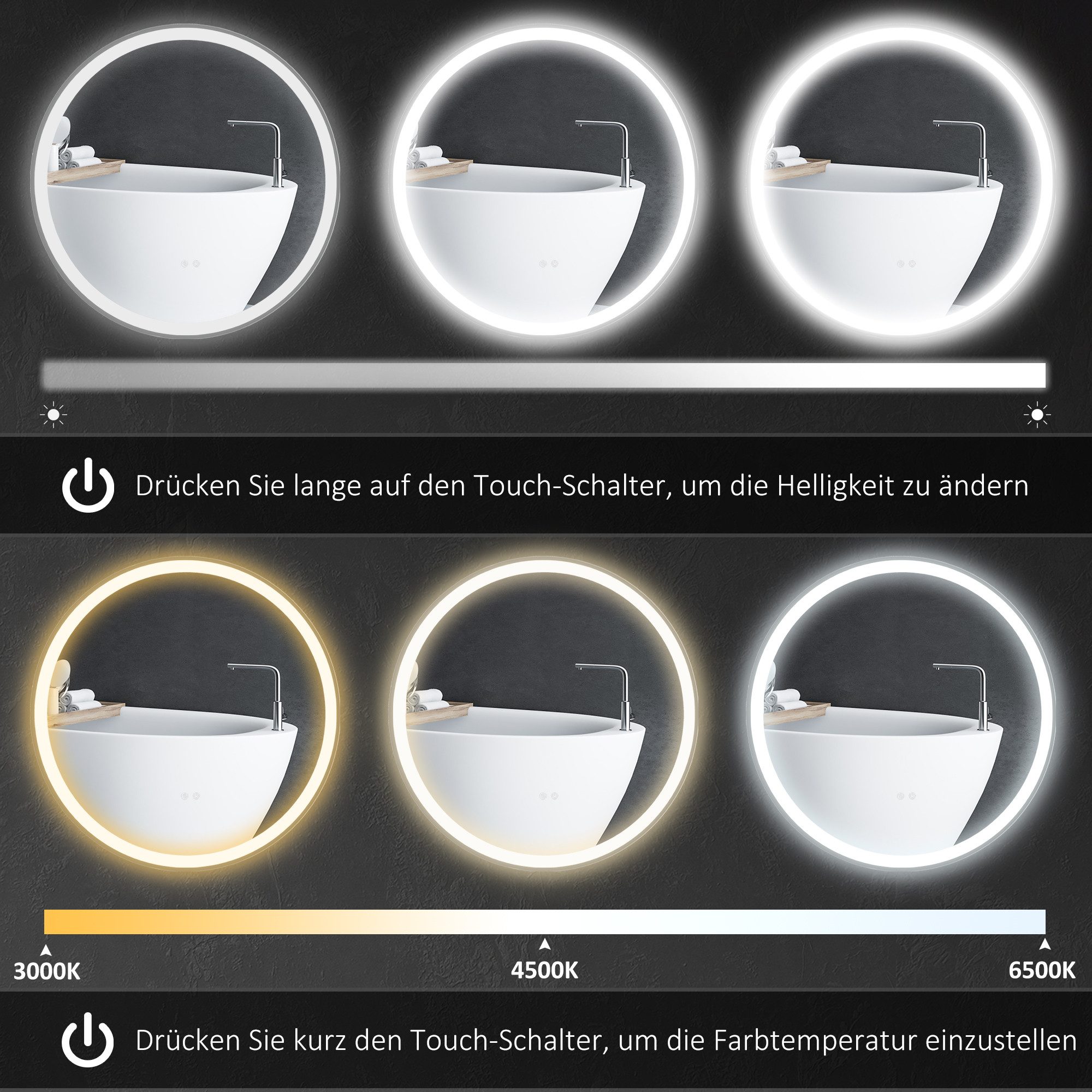 Kleankin Spiegel Badezimmerspiegel, Badspiegel mit LED Beleuchtung (60 cm Leuchtspiegel mit Touch-Funktion, 1-St., Memory-Funktion), Wandspiegel mit Alurahmen – Bild 5 von 5
