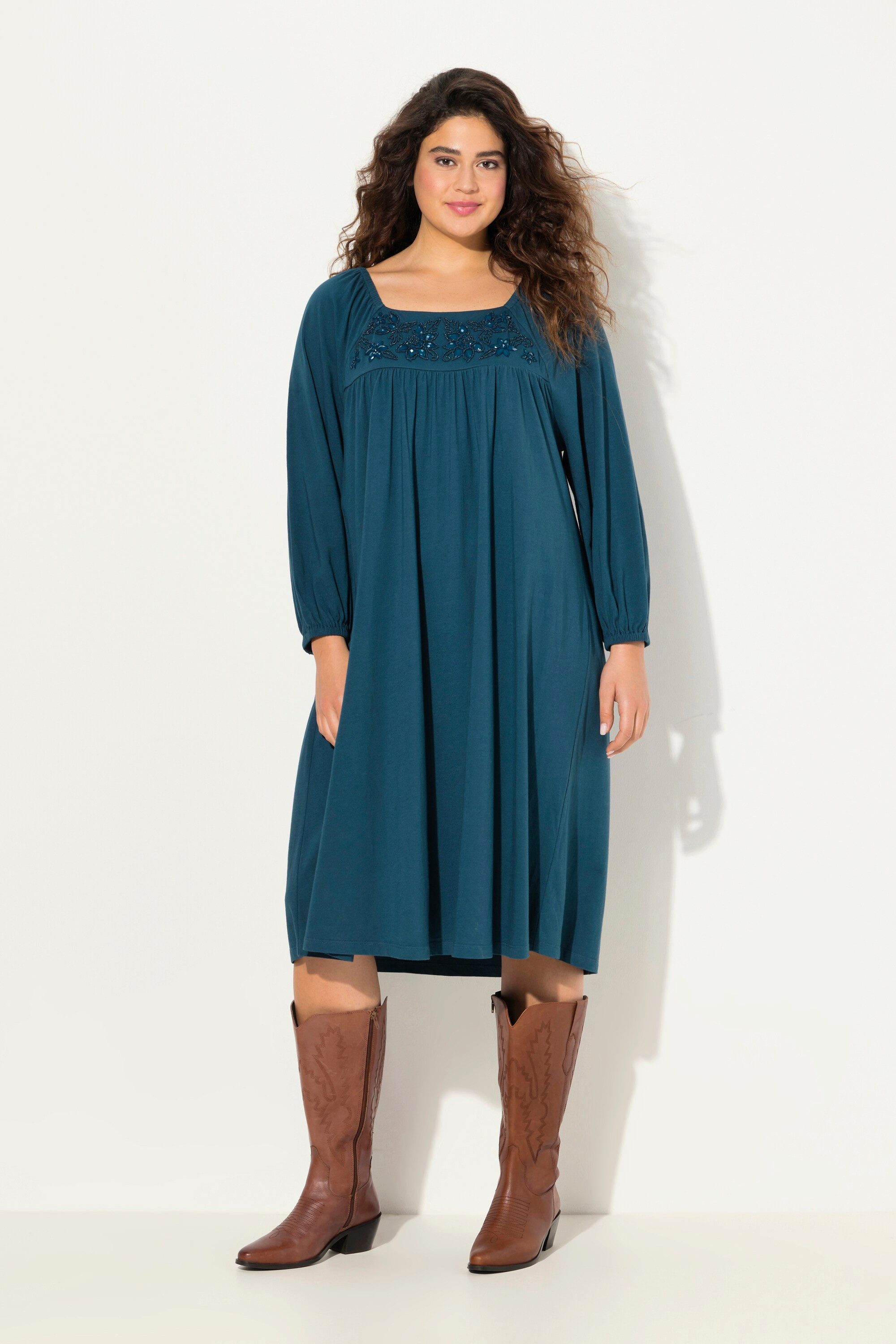 Ulla Popken Midikleid Tunika-Kleid Ziersteine Carree-Ausschnitt günstig online kaufen