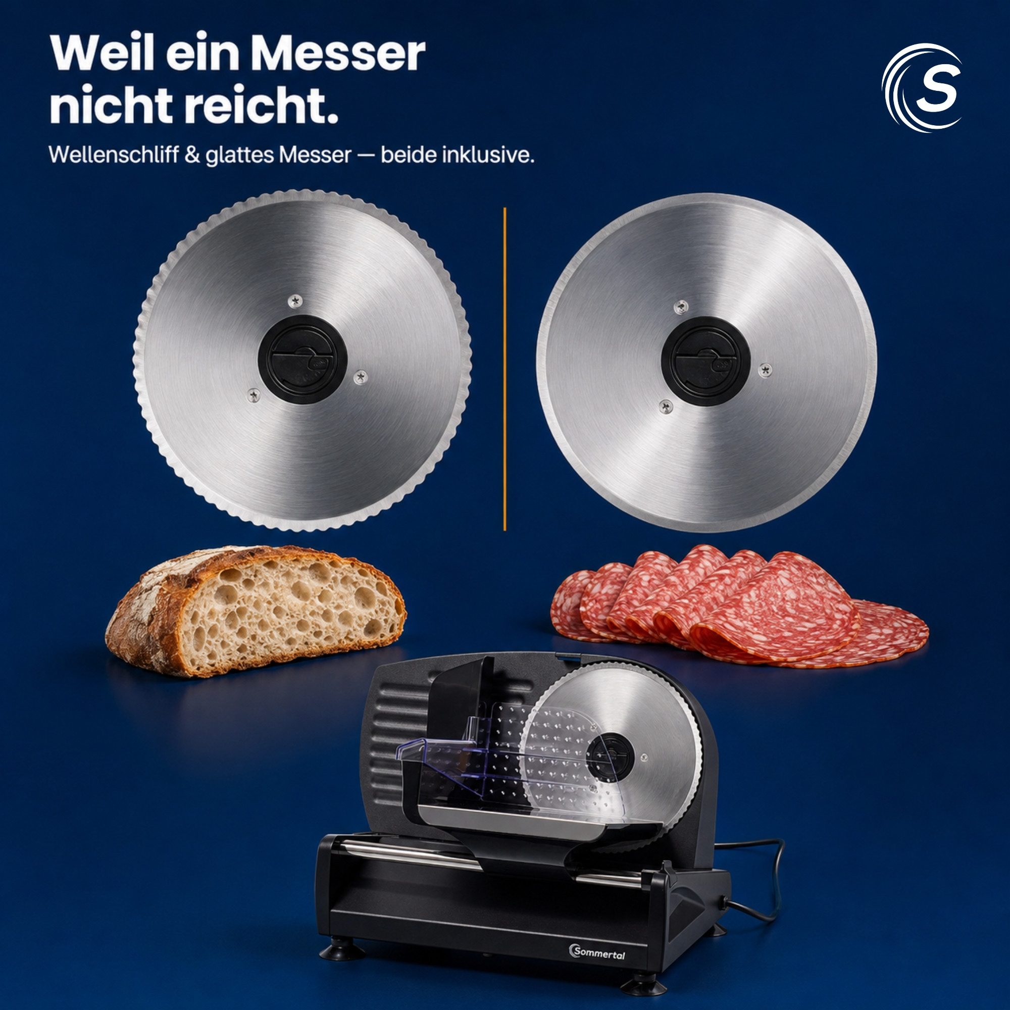 Sommertal Allesschneider AS190 DUAL 200 W Edelstahlmesser mit Wellenschliff und, 200 W, glatten Schliff, elektrische Schneidemaschine Brotschneidemaschine