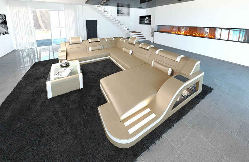 Sofa Dreams Wohnlandschaft Palermo - XXL U Form Ledersofa, Couch, mit LED, wahlweise mit Bettfunktion als Schlafsofa, Designersofa