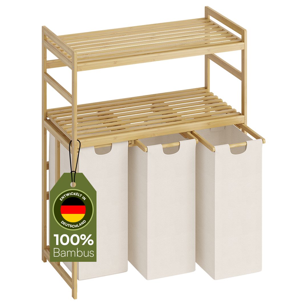 Bellamio Wäschekorb Newa aus Bambus (3 Fächer mit 2 Ablagen, Beige 150 L), günstig online kaufen