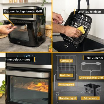 TZS FIRST AUSTRIA Heißluftfritteuse Heißluftofen 13L, Minibackofen, Airfryer XXL, Dörren, Umluft, ohne Öl, 1700 W, digital, 8 Programme, 5L Antihaft-Edelstahlkorb, 12-Std-Timer