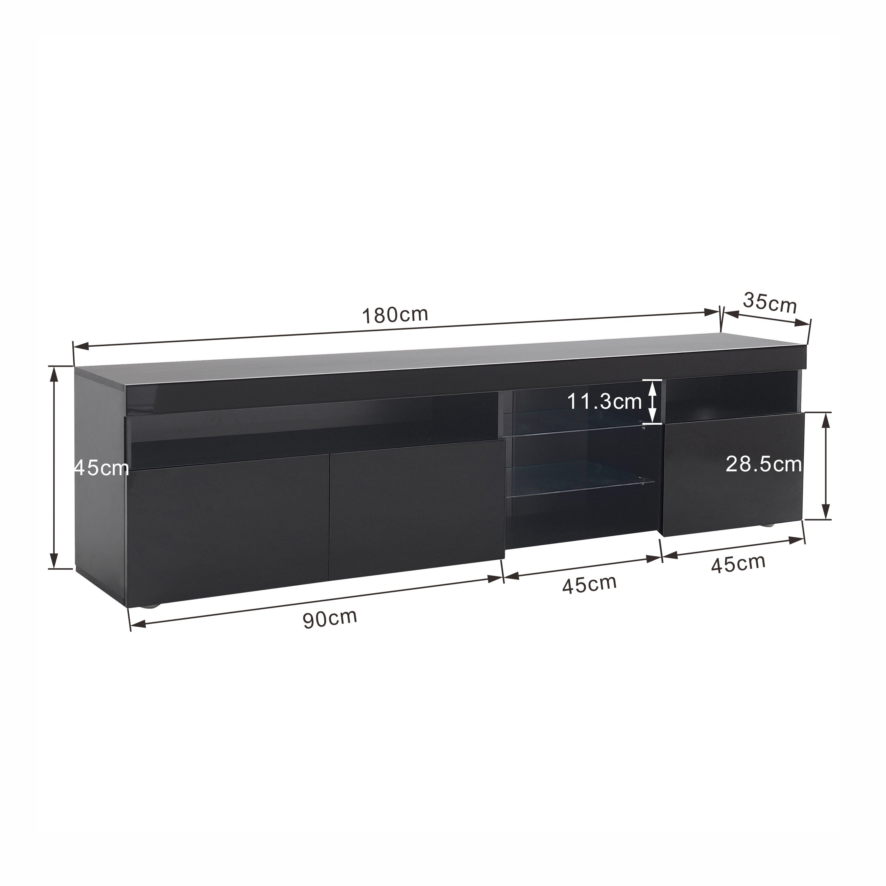 Odikalo TV-Schrank -LED Weiß/Schwarz Panel Hell 180cm Lowboard Lagerschrank 16 Sideboard