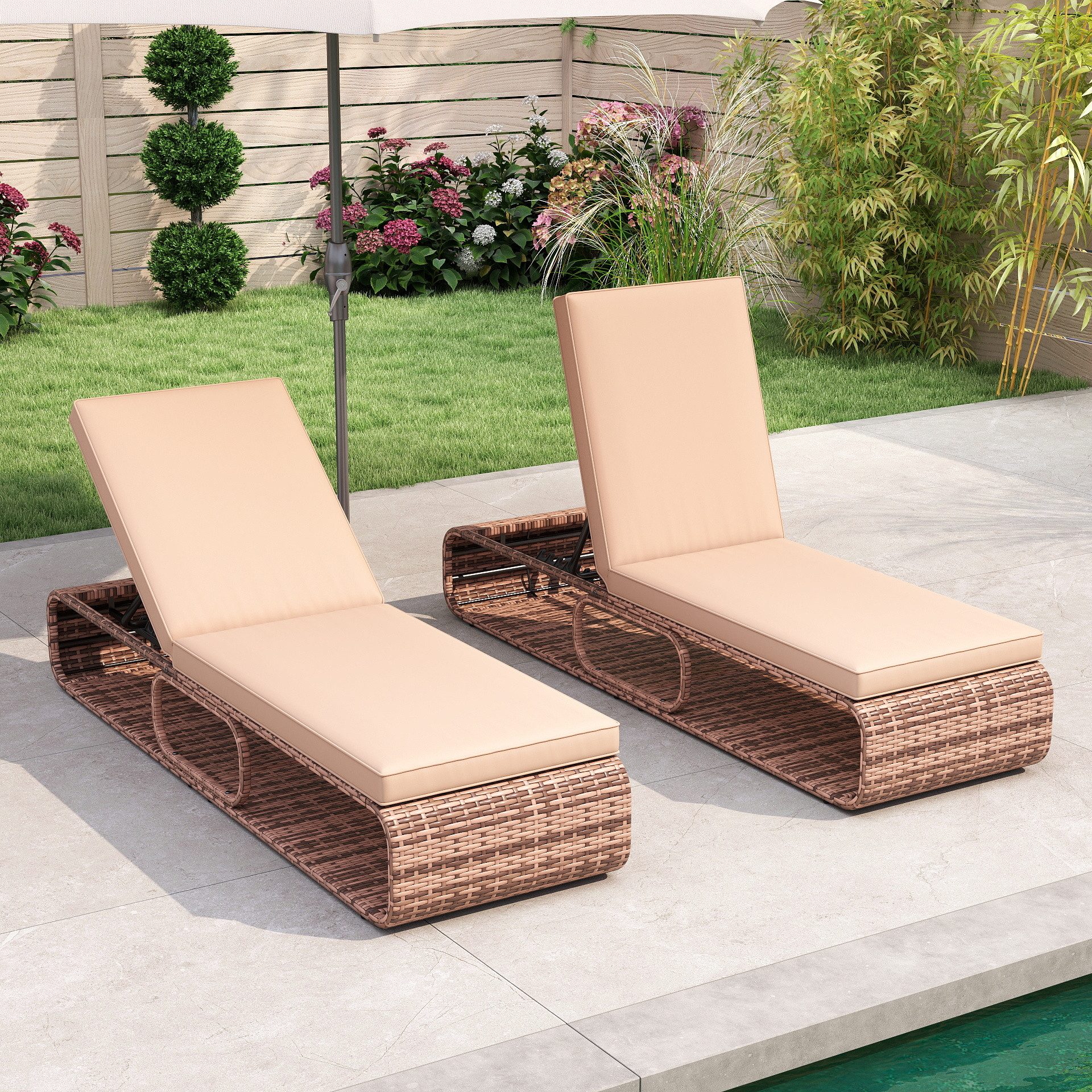 COSTWAY Gartenliege, Liegestuhl mit 7-Fach Rückenlehne, Kissen, Stauraum