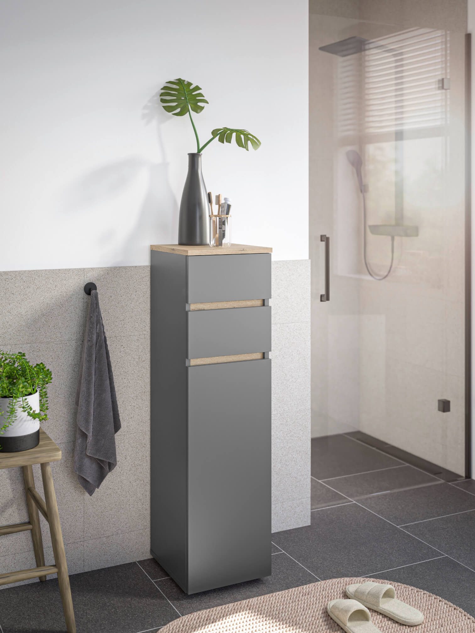 moebel-dich-auf Badkommode LONDRES (Badezimmerschrank Badschrank, mit 1 Tür und 2 Schubkästen, BxH 30x108 cm), in kaschmir oder anthrazit, Absetzung: Cremona Eiche