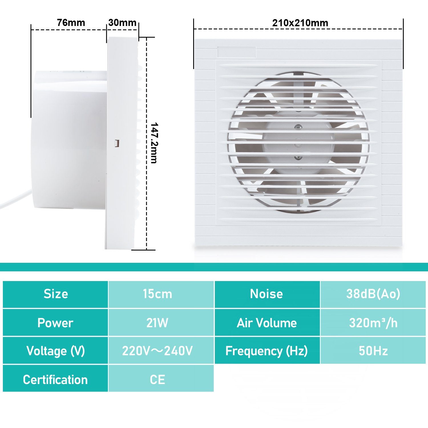 Badlüfter Gimisgu Standard Wandlüfter Ventilator 150mm Wandventilator Rückflussleitblech Mit