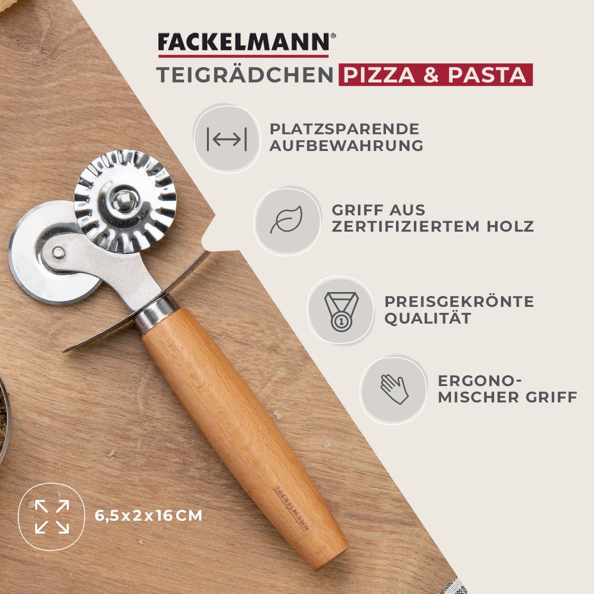 FACKELMANN Teigrädchen Teigrädchen für Pizza & Pasta, Edelstahl, Ergonomischer Buchengriff