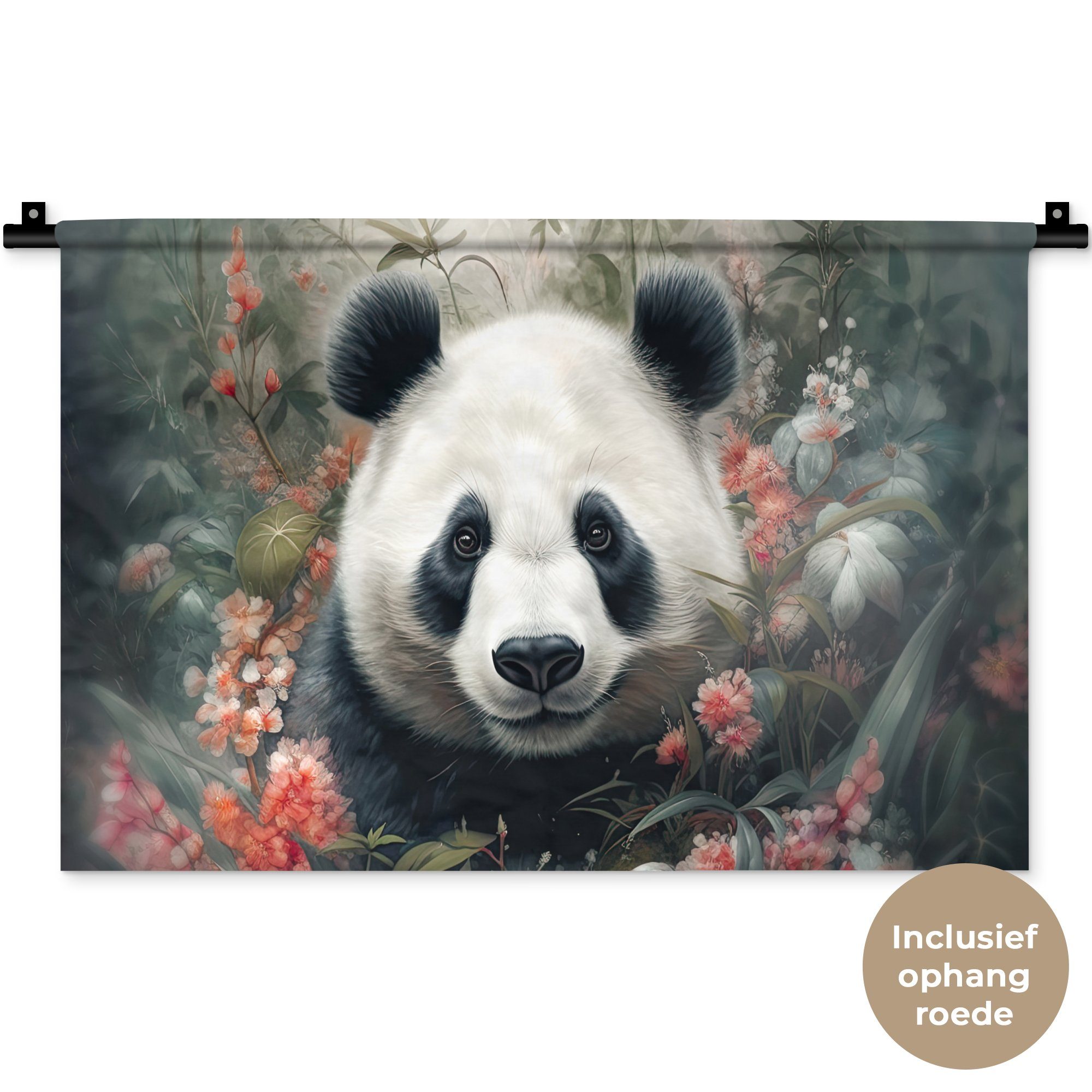 MuchoWow Wanddekoobjekt Panda - Wildtiere - Blumen - Natur, Wanddeko für Wohnzimmer, Schlafzimmer, Kleid, Wandbehang, Kinderzimmer