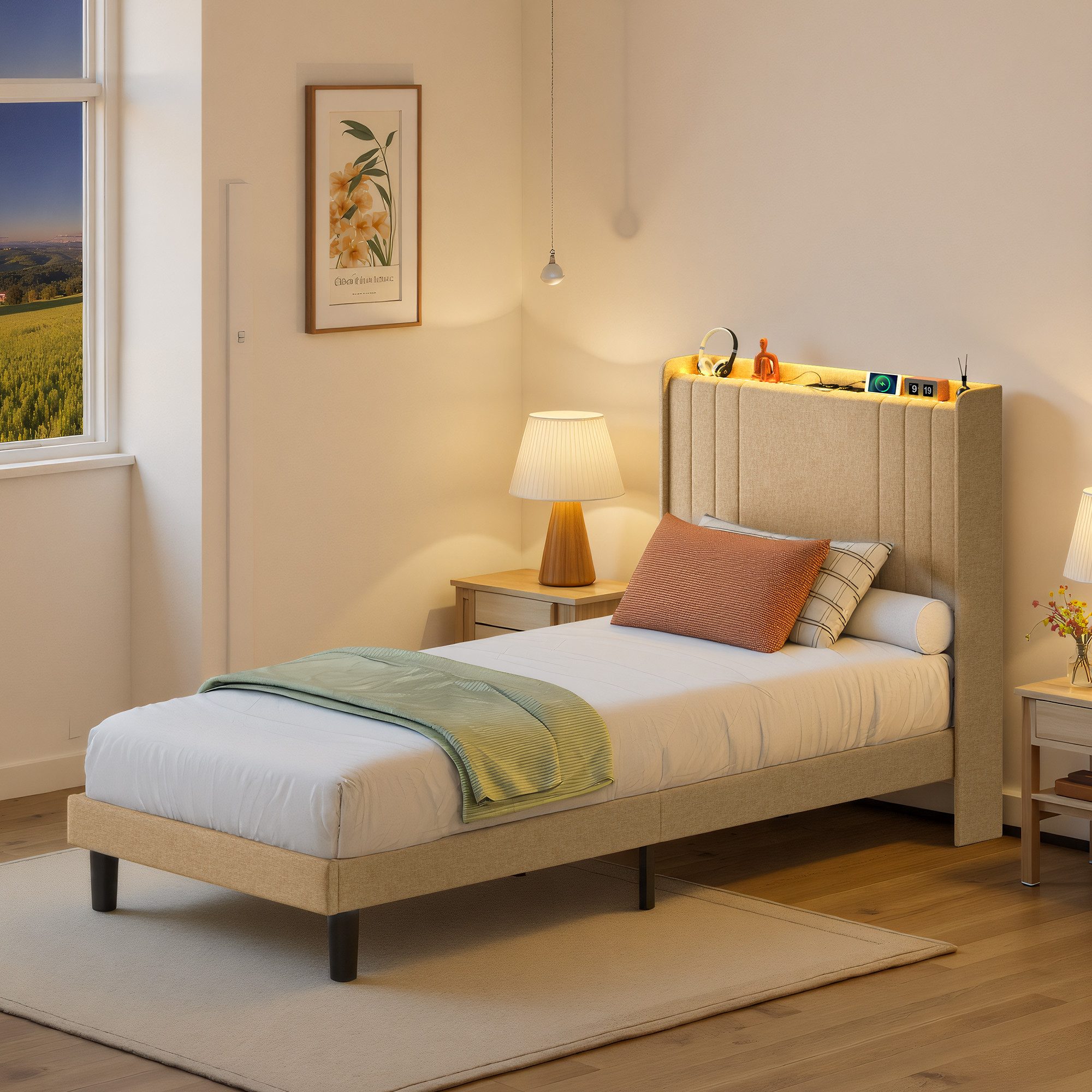 Bealife Polsterbett lsterbett Einzelbett,Bettgestell mit Kopfteil, Steckdosen, LED-Licht (2 Modelle (90x200, 120x200) – Bild 4 von 5