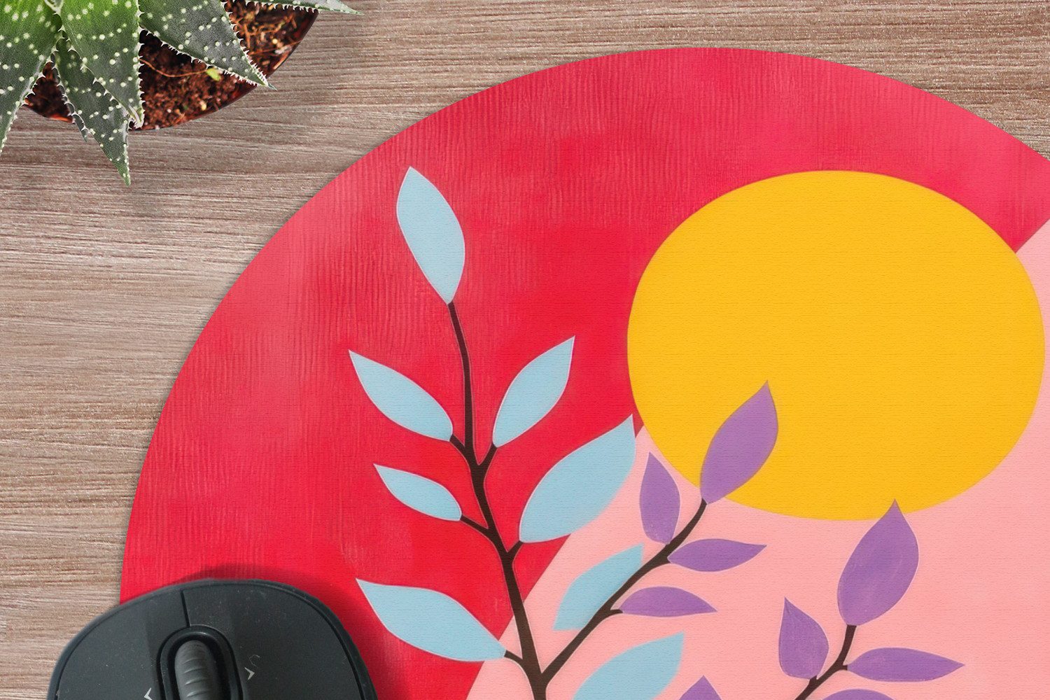MuchoWow Mauspad Blätter - Sonne - Abstrakte Formen (1-St), Büro für Tastatur und Maus, Mousepad Gaming, Rund 20x20 cm