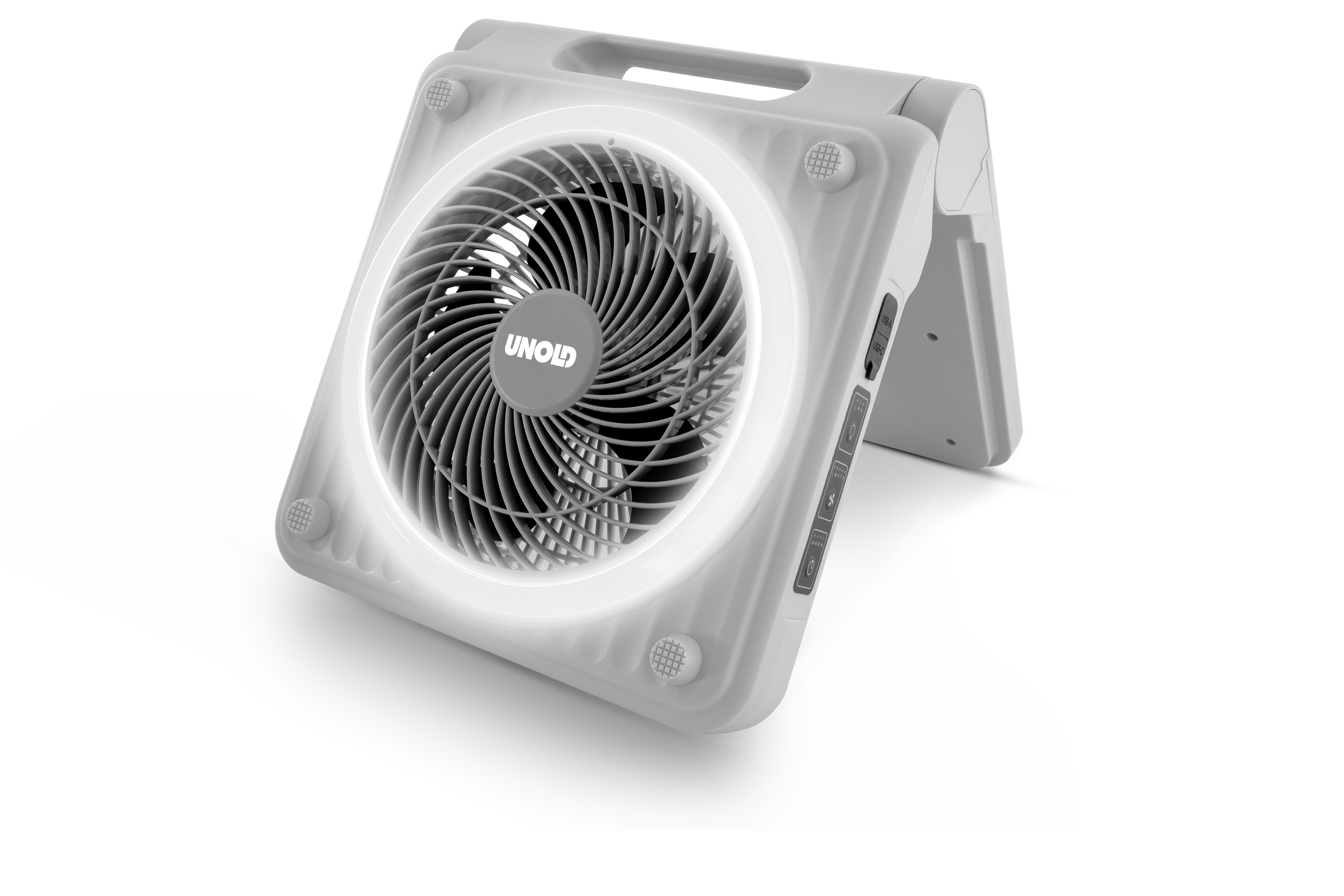 Unold Akku-Standventilator Solarventilator Camping, 5 Geschwindigkeitsstufen für drinnen und draußen Powerbank-Funktion