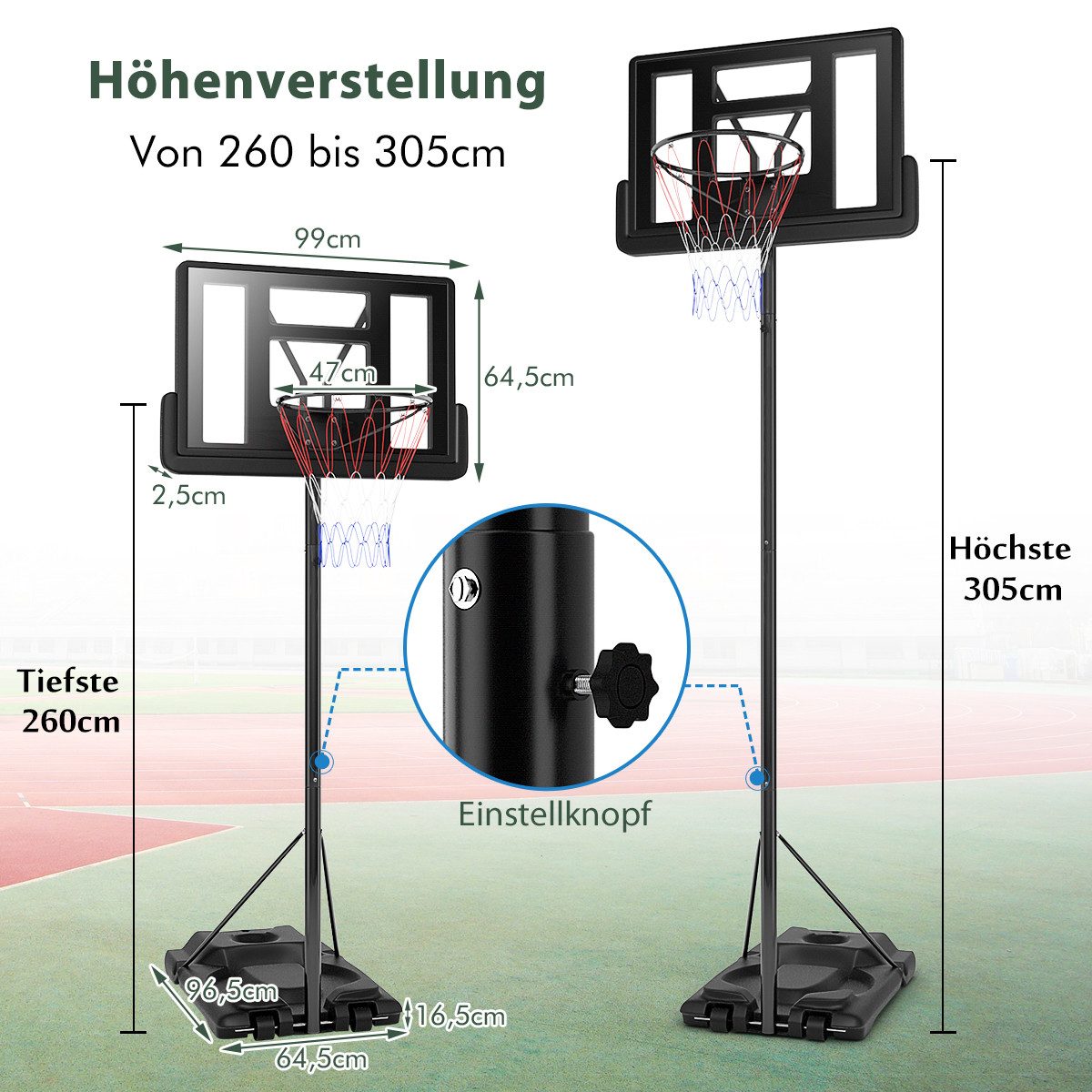 COSTWAY Basketballkorb, Basketballständer 180-305 cm höhenverstellbar mit 2 Rädern