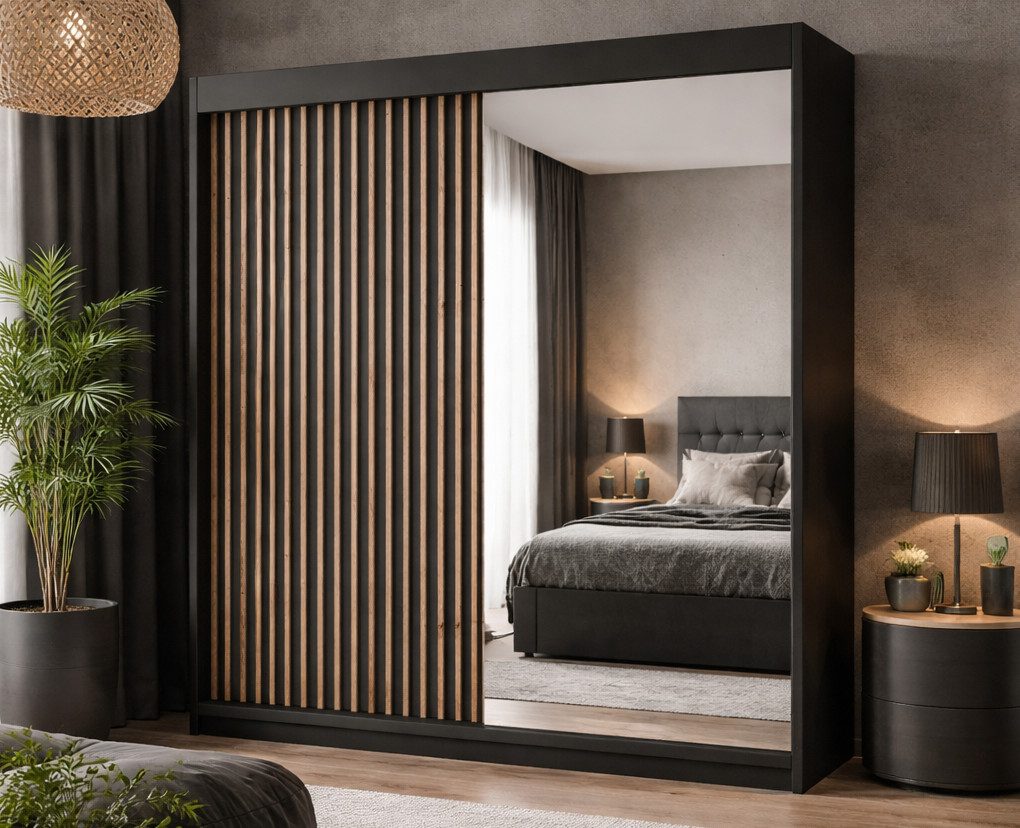 Beautysofa Kleiderschrank VIENNA Schwarz 200 cm (Schiebetürenschrank mit Spiegel, moderner Garderobenschrank mit Lamellen) Schrank mit 8 Regale & 1 Kleiderstange