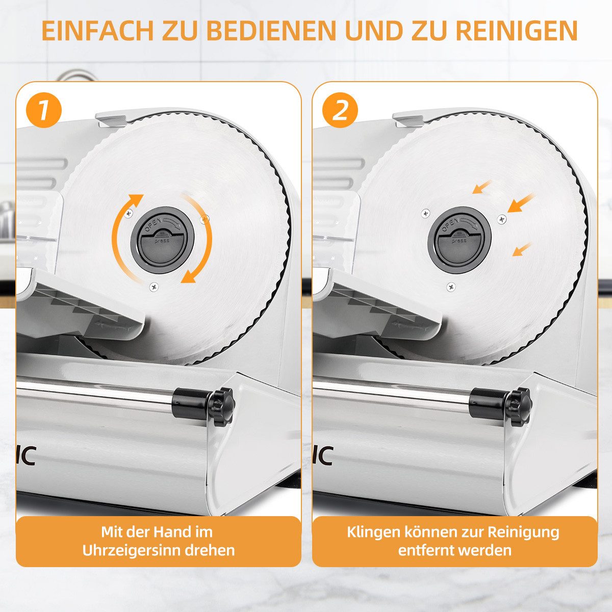 7MAGIC Allesschneider Brotschneidemaschine, Elektrischer Allesschneider Edelstahl, 200 W, Mit abnehmbarer 2 x 19 cm Klinge, 0–15 präziser Dickenknopf Schnitt