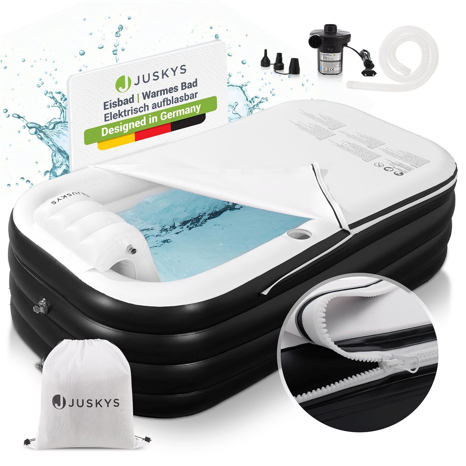 Juskys Badewanne, 300 L, aufblasbar, platzsparend, mit Rückenlehne, Pumpe und Abdeckung