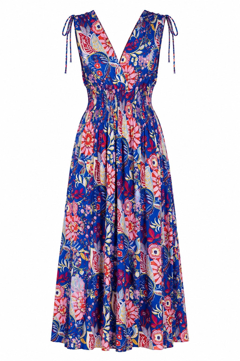 ITALY VIBES Sommerkleid - florales Viskosekleid mit Smokbund und V-Ausschnitt für Damen