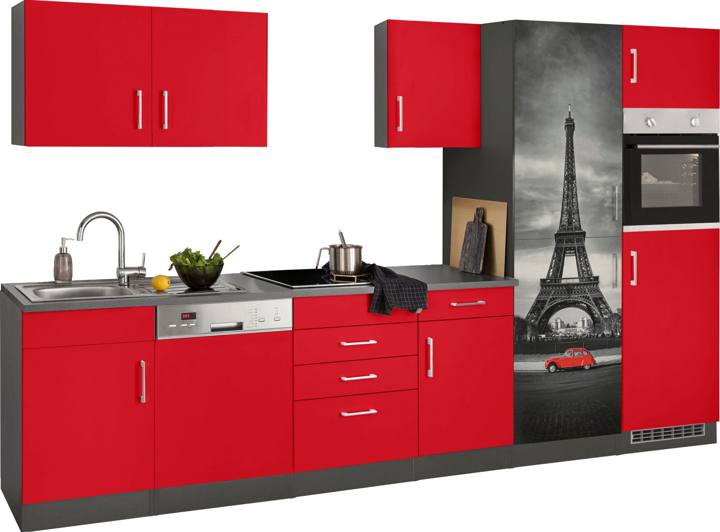 KOCHSTATION Küchenzeile KS-Paris – Küchen mit einzigartigen Fotomotiven auf den Fronten, Breite 340 cm, wahlweise mit E-Geräten und Induktion