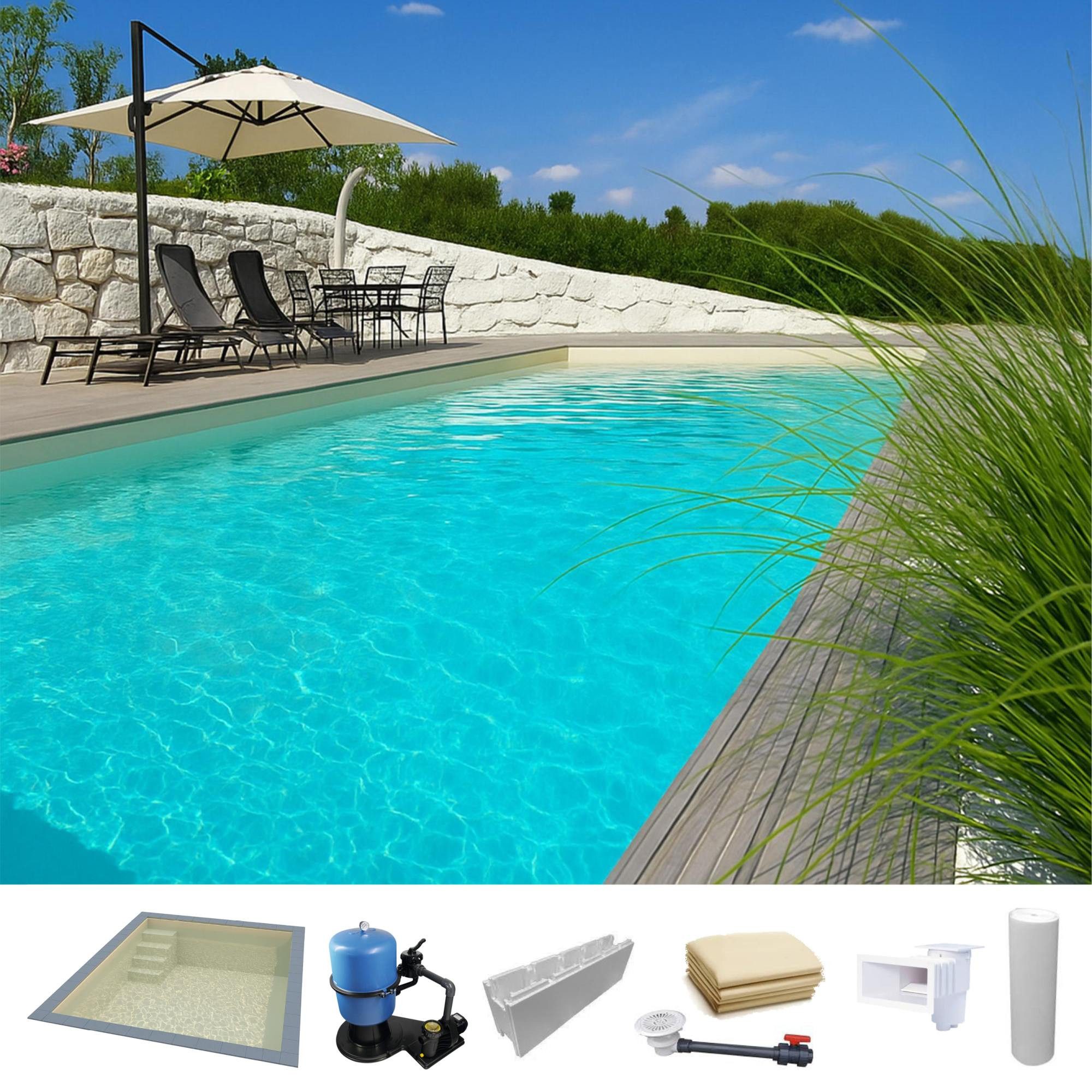 KWAD Rechteckpool KWAD Styropor Pool Easy mit gerader Treppe links 7 (Komplett-Set), Langlebige Styroporsteine