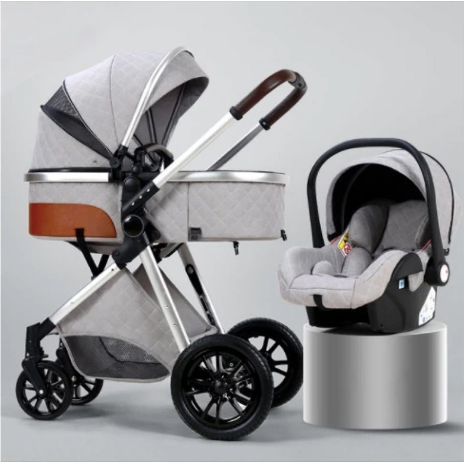 TPFLiving Kombi-Kinderwagen Babyschale Baby Buggy Babywanne Windeltasche, Moskitonetz Regenschutz Kinderwagen 3 in 1 inkl. Zubehörset Hellgrau