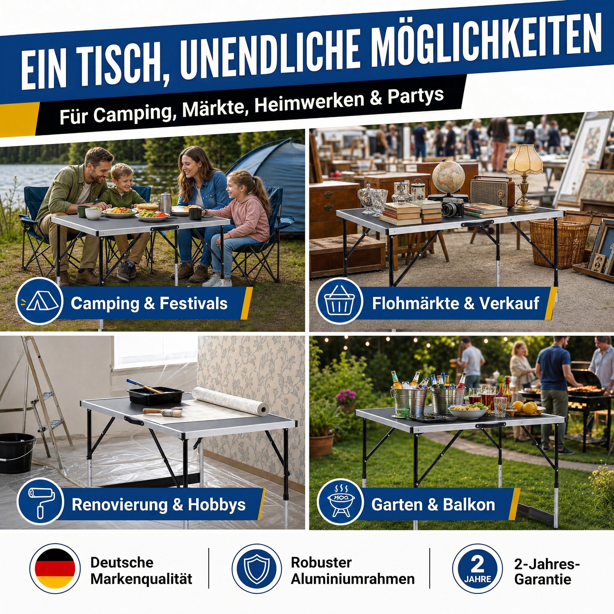 Goods+Gadgets Klapptisch Faltbarer Campingtisch – Multifunktionstisch für Outdoor & Garten (Markttisch Tapeziertisch), Klappbarer Multifunktionstisch